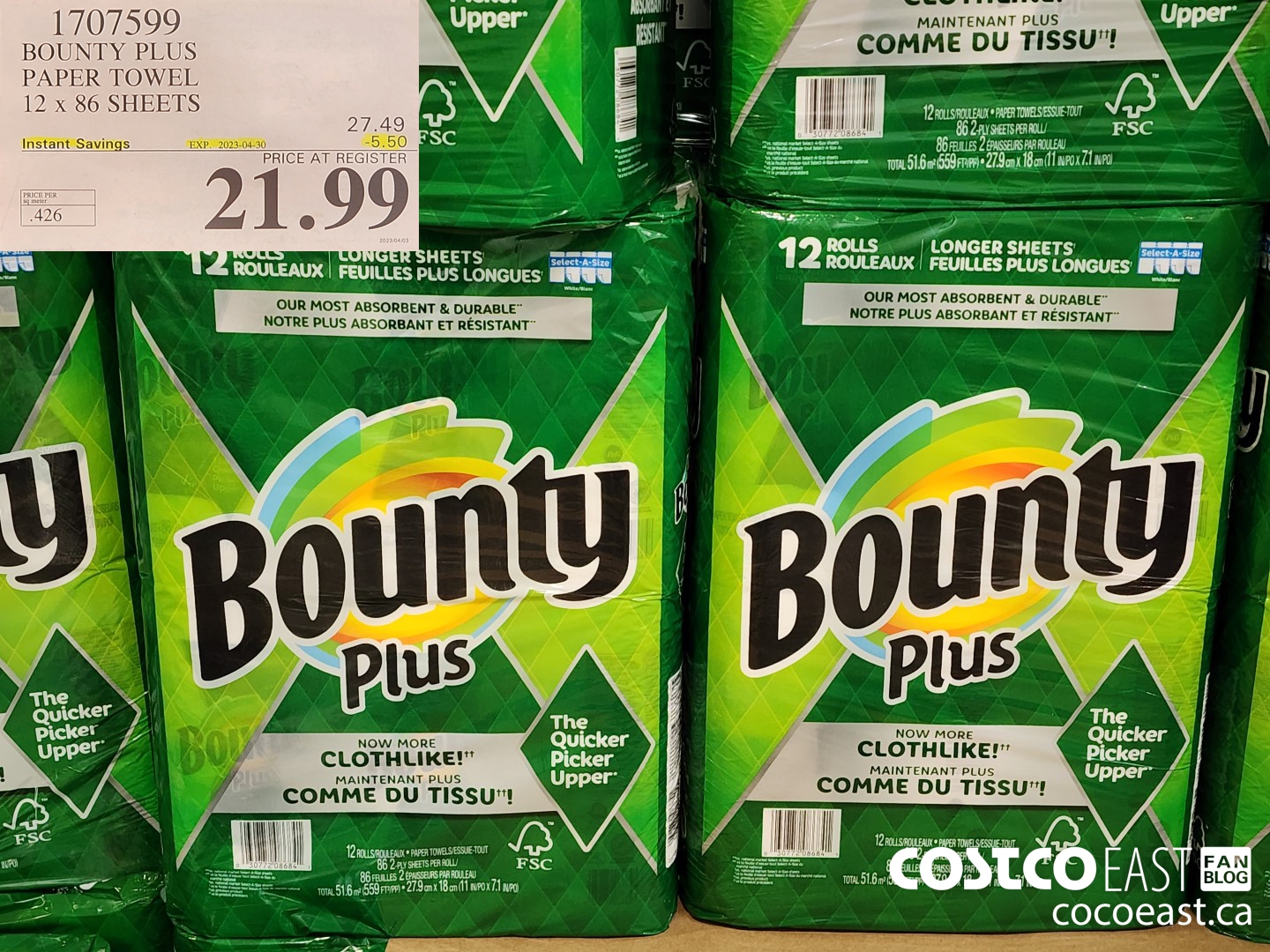 1707599 BOUNTY PLUS PAPER TOWEL 12 x 86 sheets ($5.50 INSTANT SAVINGS EXPIRES ON 2023-04-30) $21.99