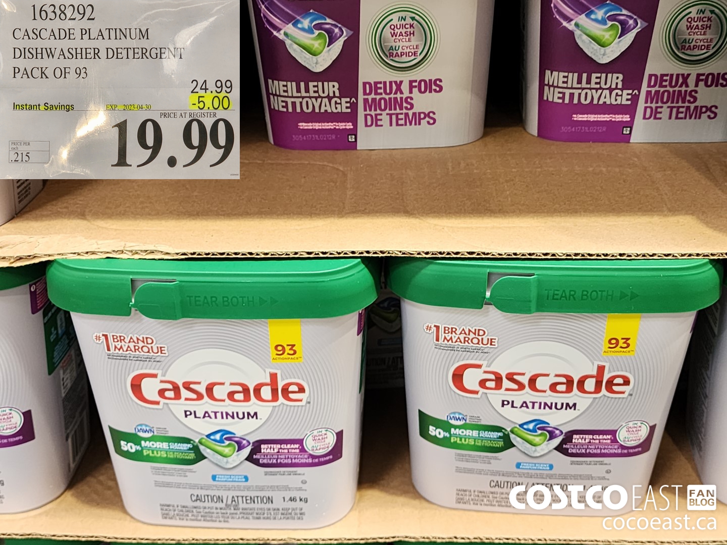 1638292 CASCADE PLATINUM DISHWASHER DETERGENT PACK OF 93 ($5.00 INSTANT SAVINGS EXPIRES ON 2023-04-30) $19.99