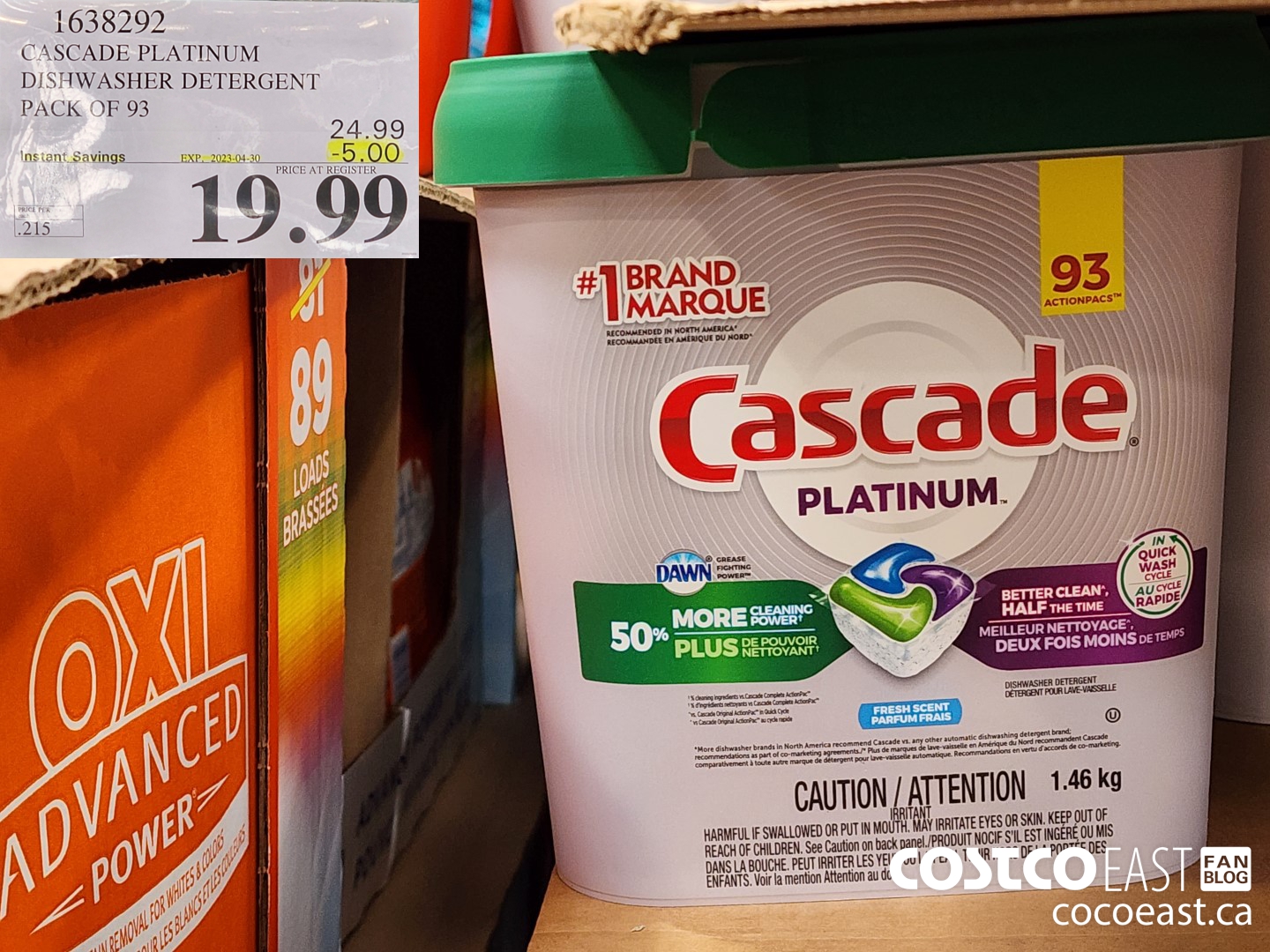 1638292 CASCADE PLATINUM DISHWASHER DETERGENT PACK OF 93 ($5.00 INSTANT SAVINGS EXPIRES ON 2023-04-30) $19.99