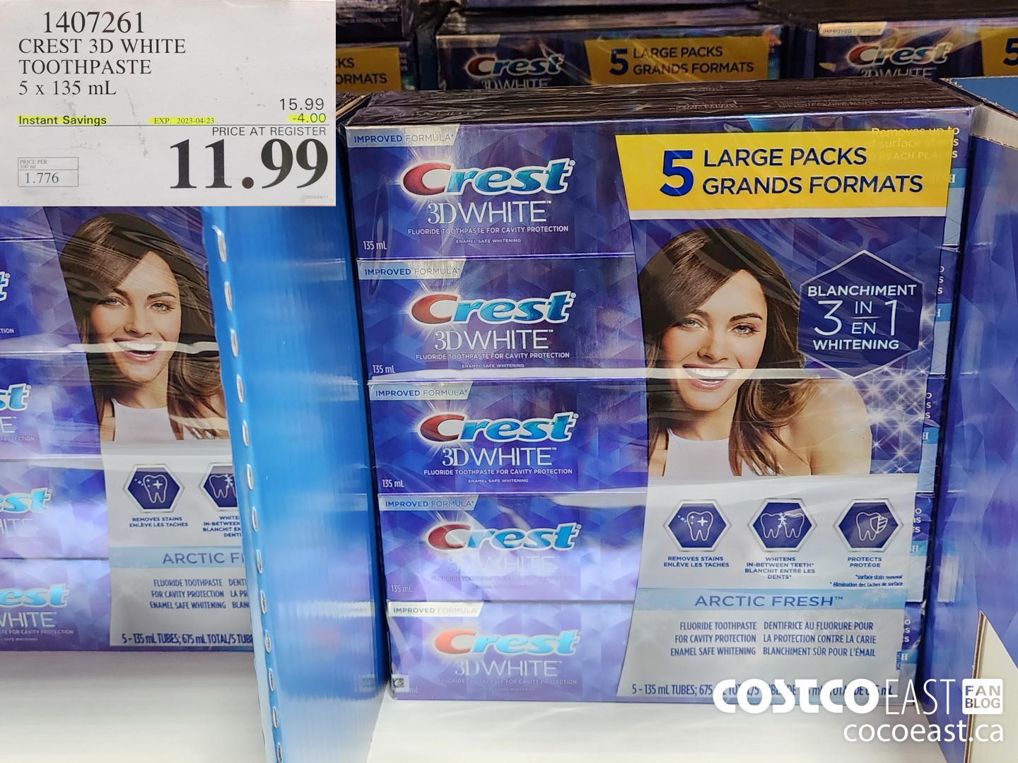 1407261 CREST 3D WHITE TOOTHPASTE 5 X 135 ML ($4.00 INSTANT SAVINGS EXPIRES ON 2023-04-23) $11.99