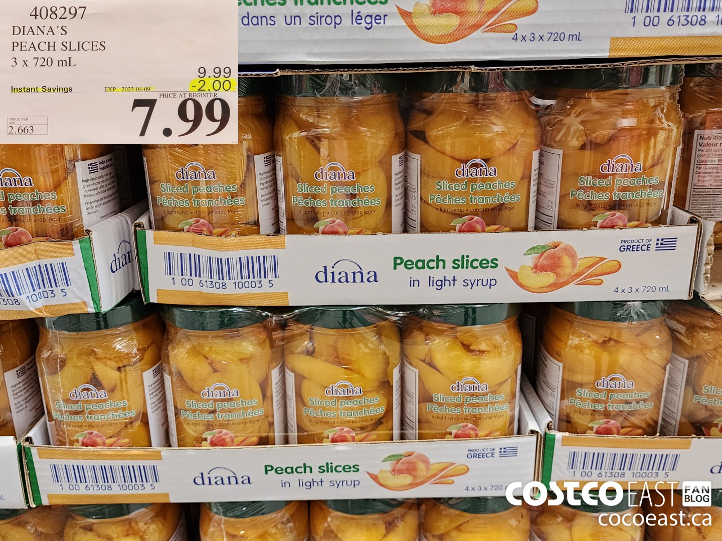 408297 DIANA'S PEACH SLICES 3 x 720 mL ($2.00 INSTANT SAVINGS EXPIRES ON 2023-04-09) $7.99