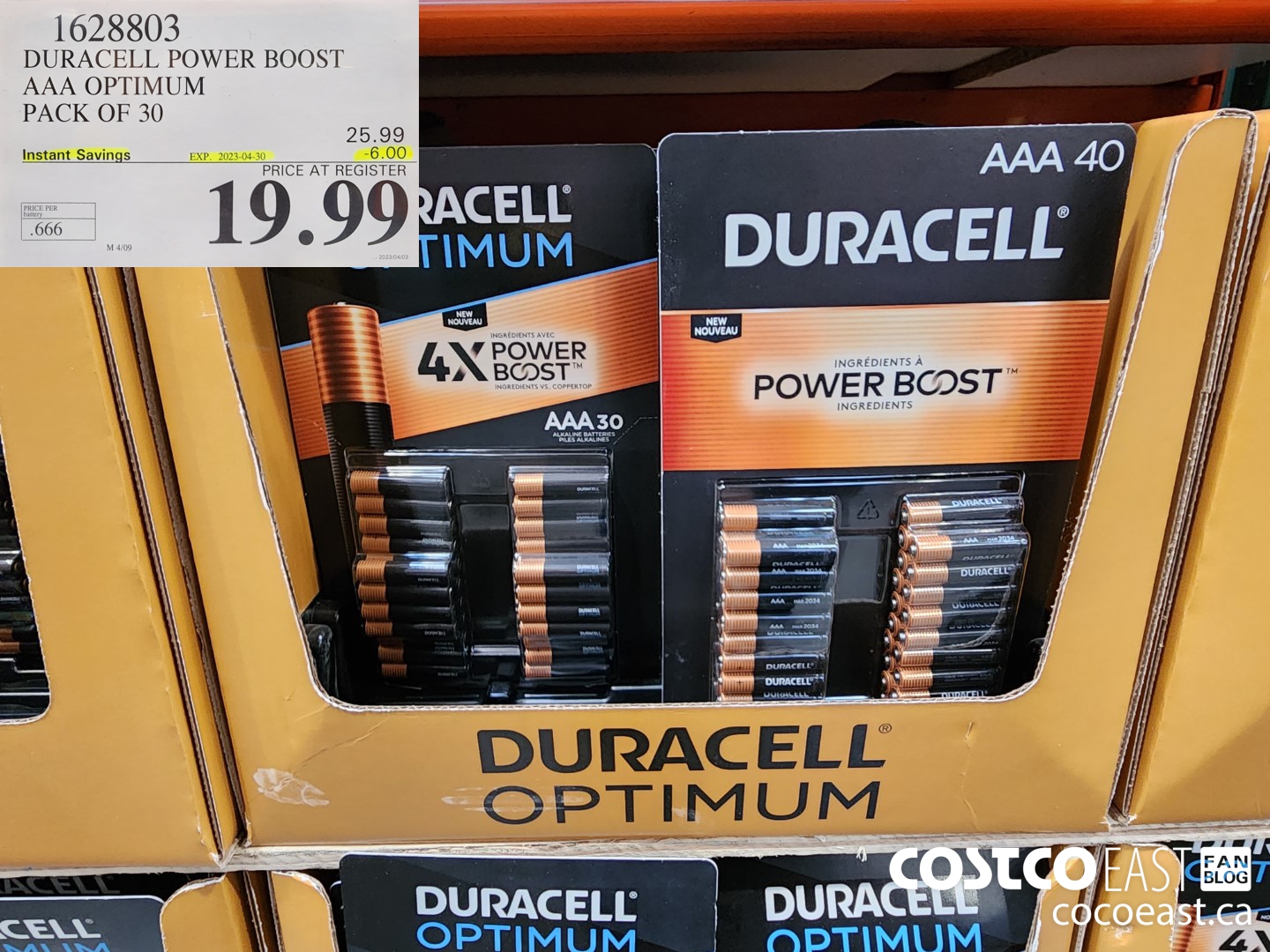 1628803 DURACELL POWER BOOST AAA OPTIMUM PACK OF 30 ($6.00 INSTANT SAVINGS EXPIRES ON 2023-04-30) $19.99