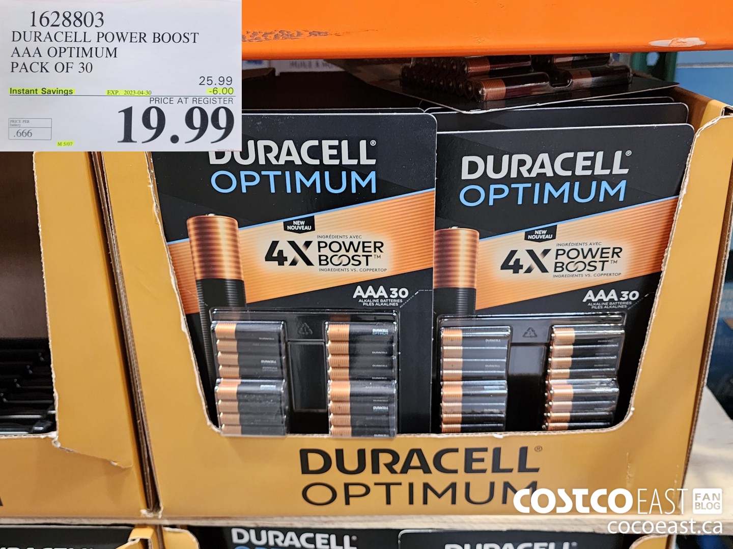 1628803 DURACELL POWER BOOST AAA OPTIMUM PACK OF 30 ($6.00 INSTANT SAVINGS EXPIRES ON 2023-04-30) $19.99