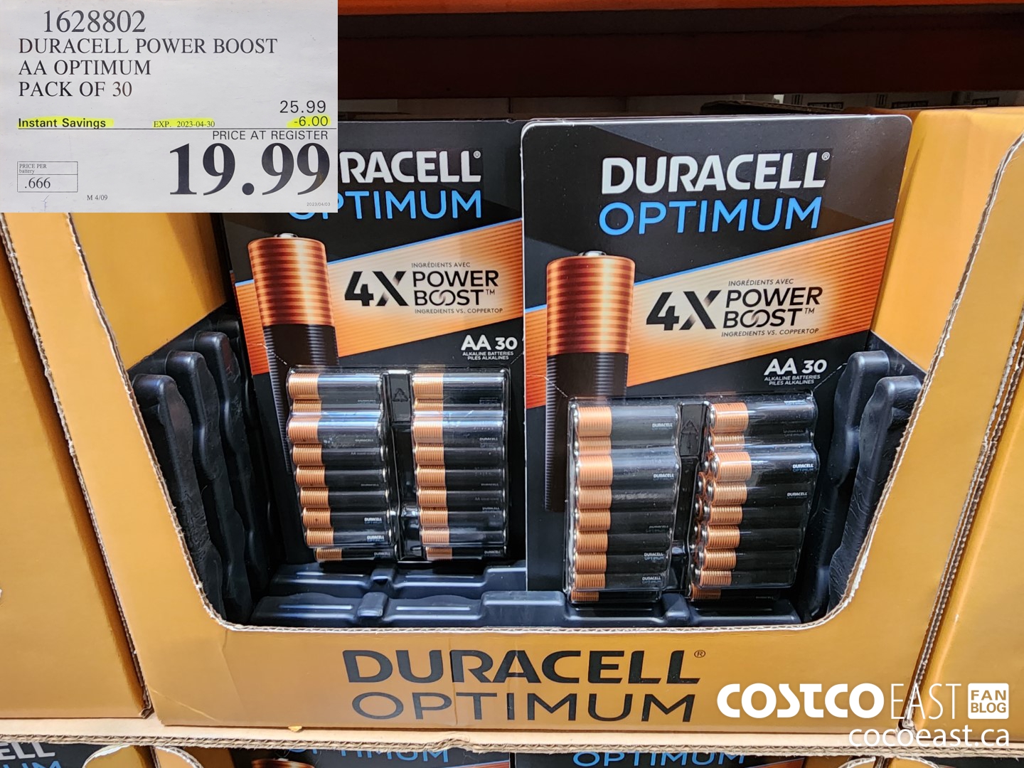 1628802 DURACELL POWER BOOST AA OPTIMUM PACK OF 30 ($6.00 INSTANT SAVINGS EXPIRES ON 2023-04-30) $19.99