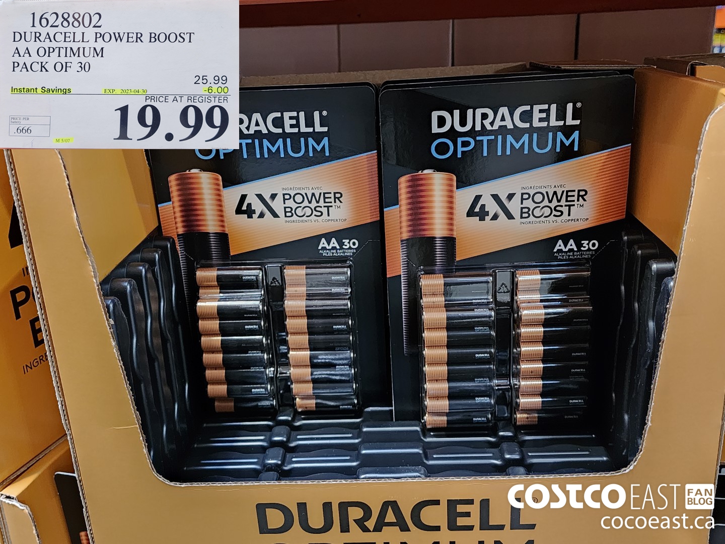 1628802 DURACELL POWER BOOST AA OPTIMUM PACK OF 30 ($6.00 INSTANT SAVINGS EXPIRES ON 2023-04-30) $19.99