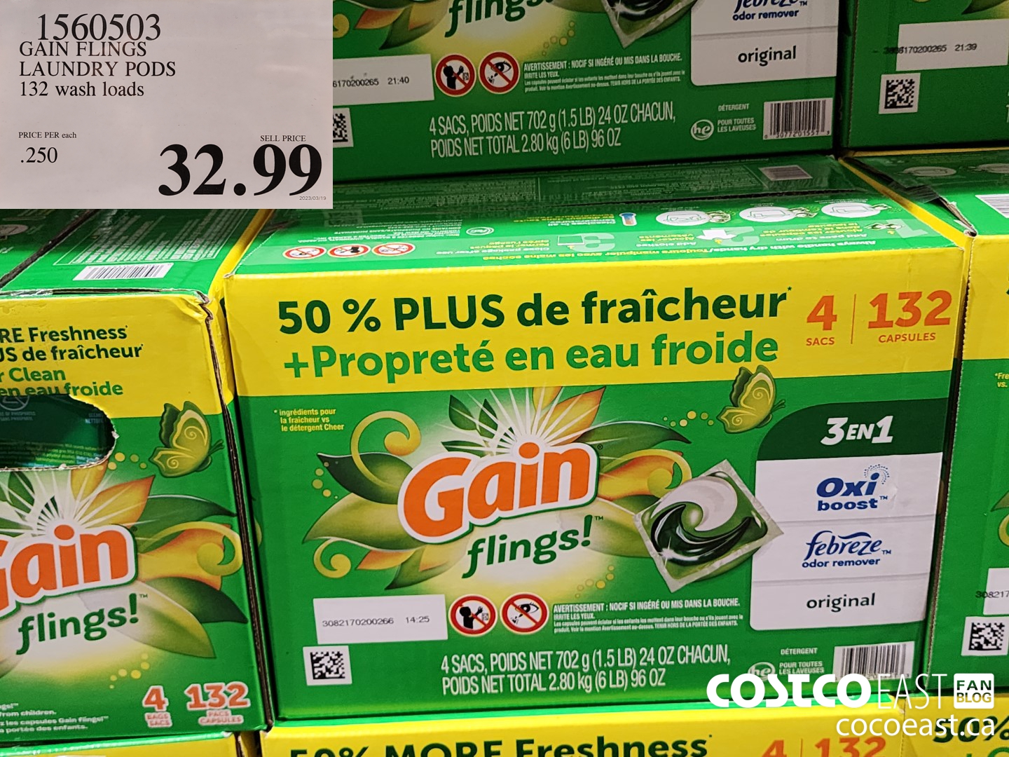 1560503 GAIN FLINGS SINGLE DOSE LAUNDRY 132 WASH LOADS $32.99