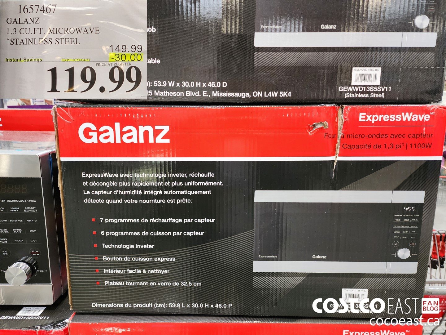 1657467 GALANZ 1.3 CU.PT MICROWAVE STAINLESS STEEL ($30.00 INSTANT SAVINGS EXPIRES ON 2023-04-23) $119.99