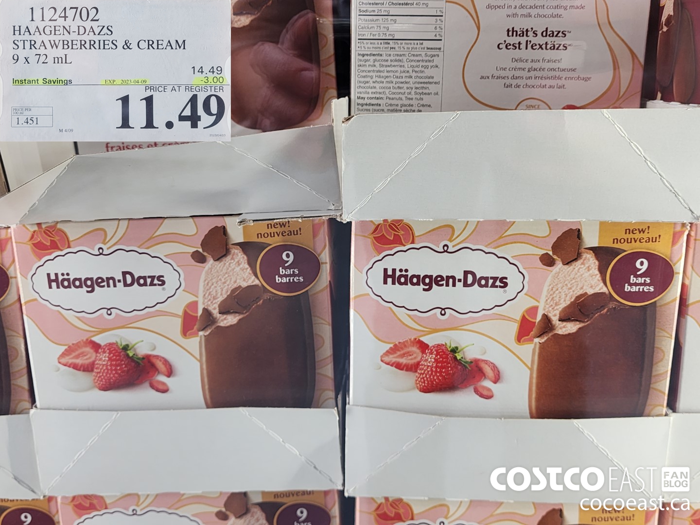 1124702 HAAGEN-DAZS STRAWBERRIES & CREAM 9 X 72 ml ($3.00 INSTANT SAVINGS EXPIRES ON 2023-04-09) $11.49