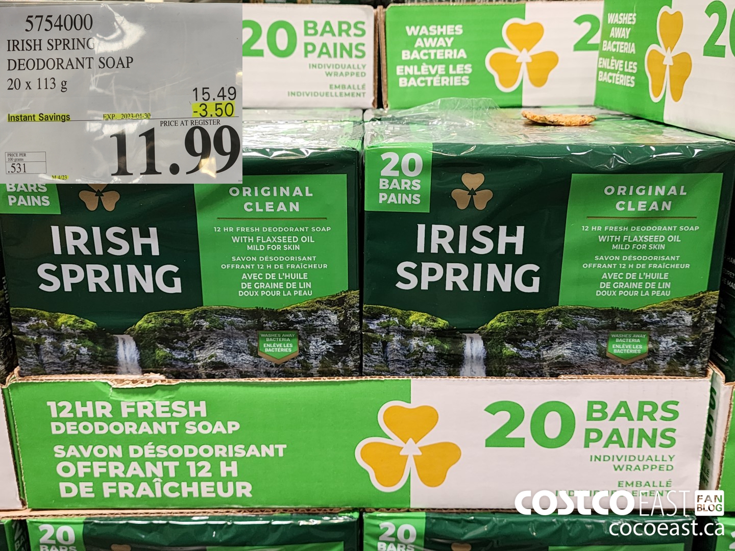 5754000 IRISH SPRING DEODORANT SOAP 20 X 113 G ($3.50 INSTANT SAVINGS EXPIRES ON 2023-04-30) $11.99