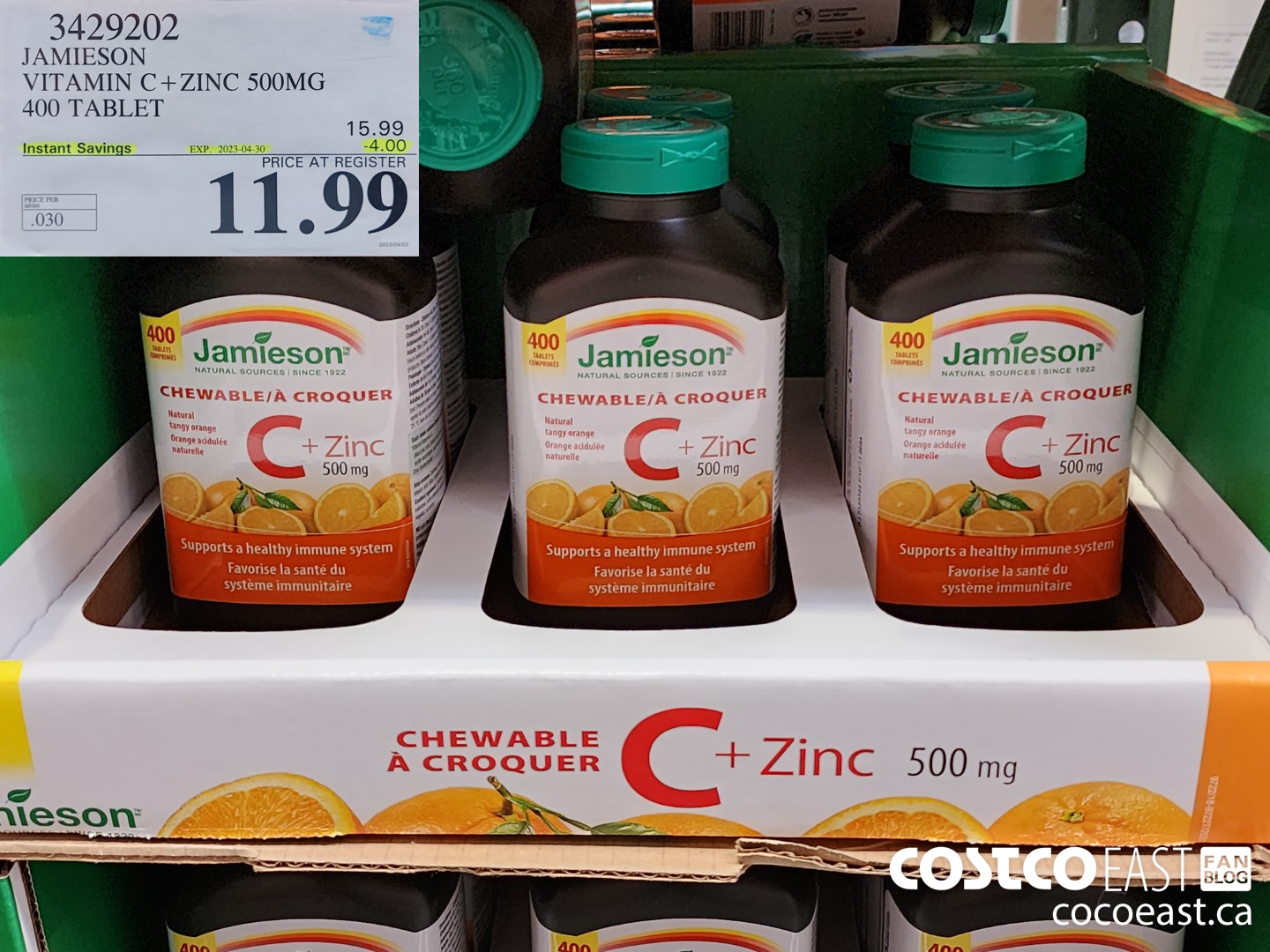 3429202 JAMIESON VITAMIN C+ZINC 500MG 400 TABLET ($4.00 INSTANT SAVINGS EXPIRES ON 2023-04-30) $11.99