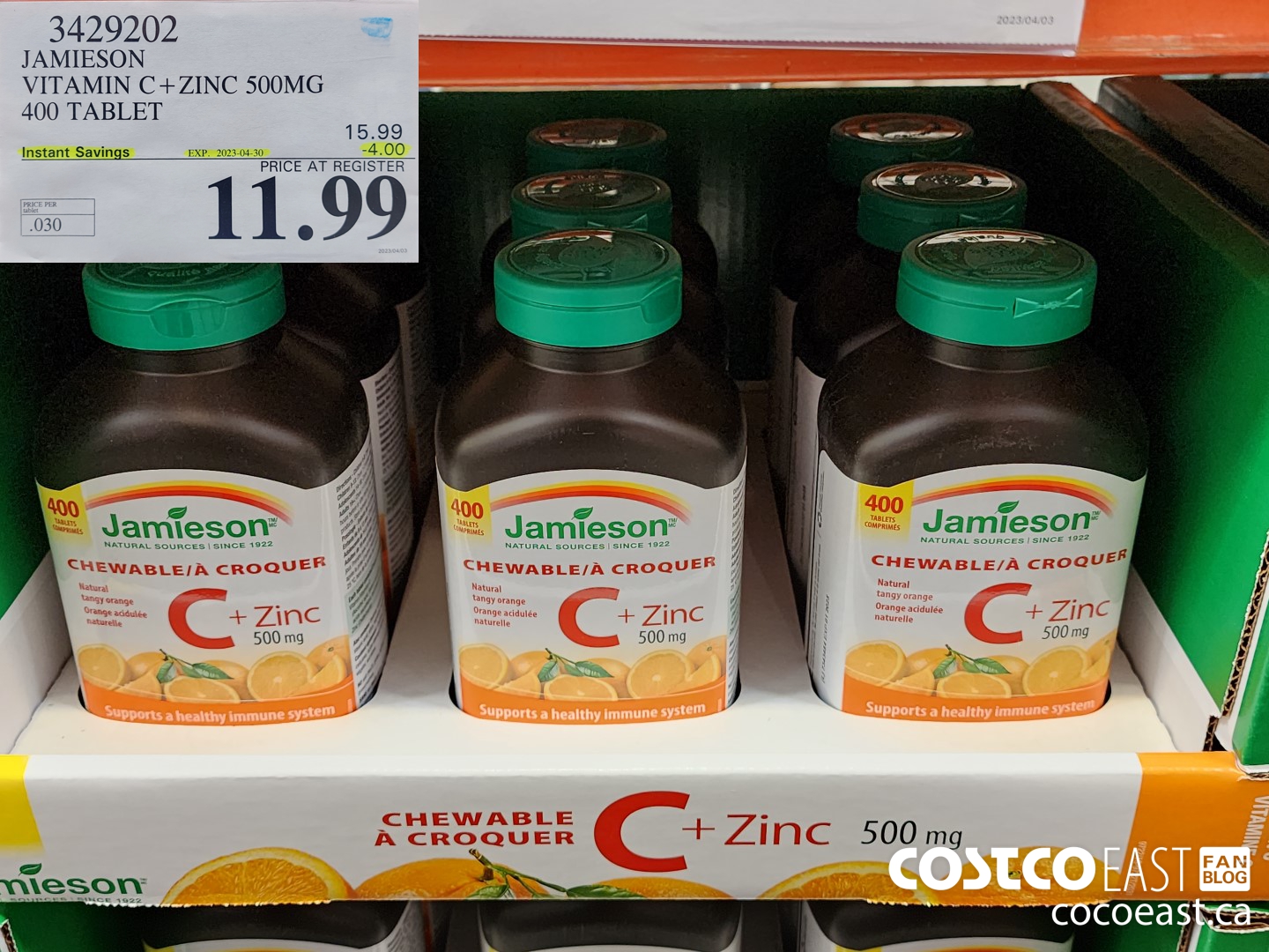 3429202 JAMIESON VITAMIN C+ZINC 500MG 400 TABLET ($4.00 INSTANT SAVINGS EXPIRES ON 2023-04-30) $11.99