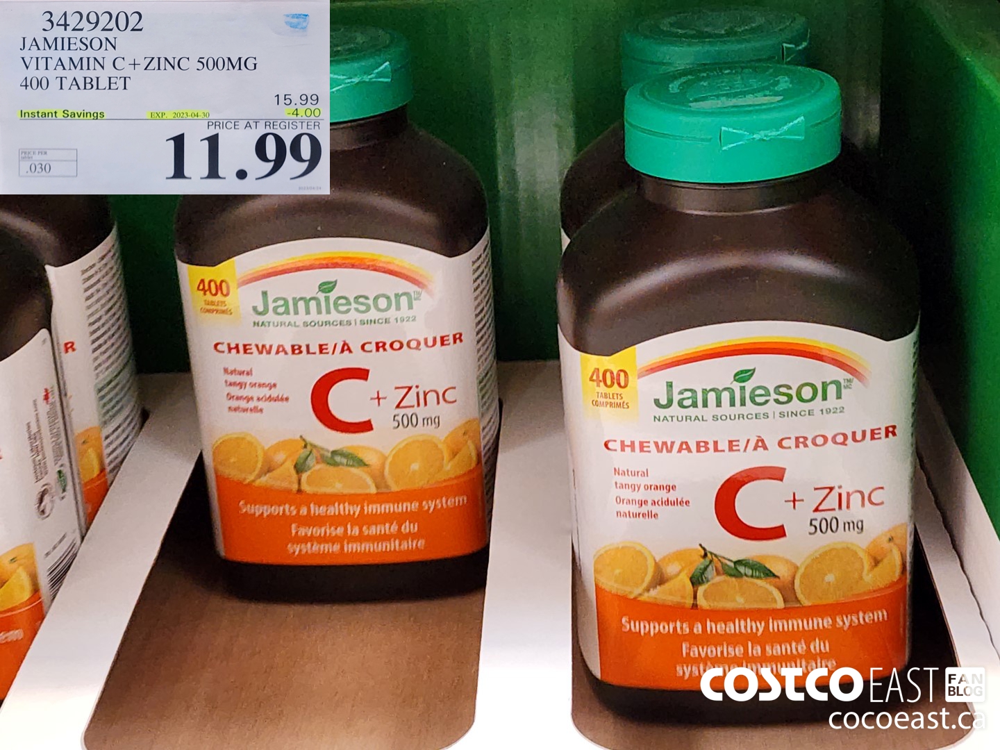 3429202 JAMIESON VITAMIN C+ZINC 500MG 400 TABLET ($4.00 INSTANT SAVINGS EXPIRES ON 2023-04-30) $11.99
