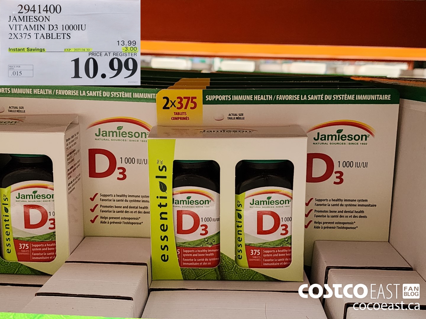 2941400 JAMIESON VITAMIN D3 1000IU 2 X 375 TABLETS ($3.00 INSTANT SAVINGS EXPIRES ON 2023-04-30) $10.99