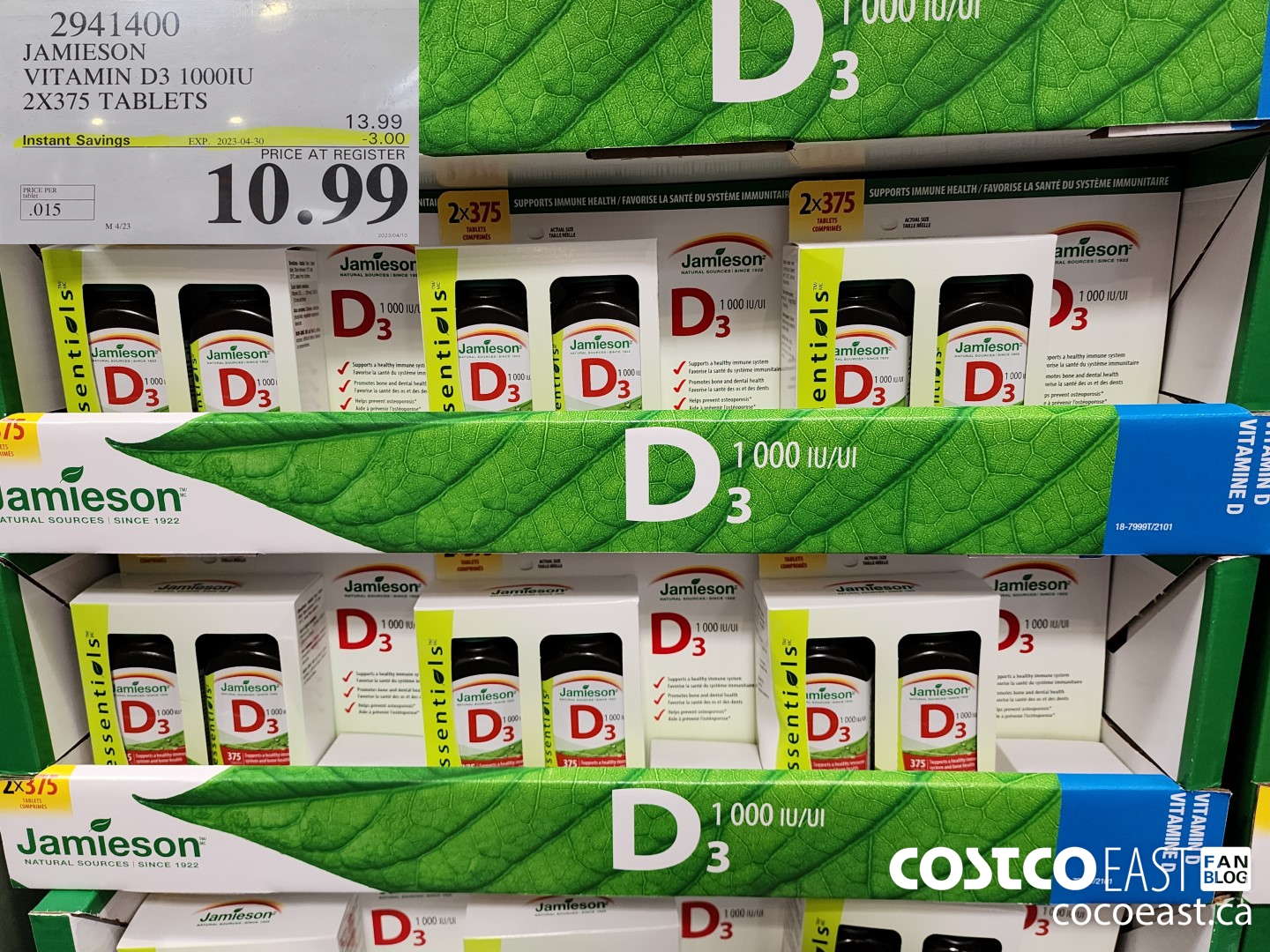 2941400 JAMIESON VITAMIN D3 1000IU 2 X 375 TABLETS ($3.00 INSTANT SAVINGS EXPIRES ON 2023-04-30) $10.99