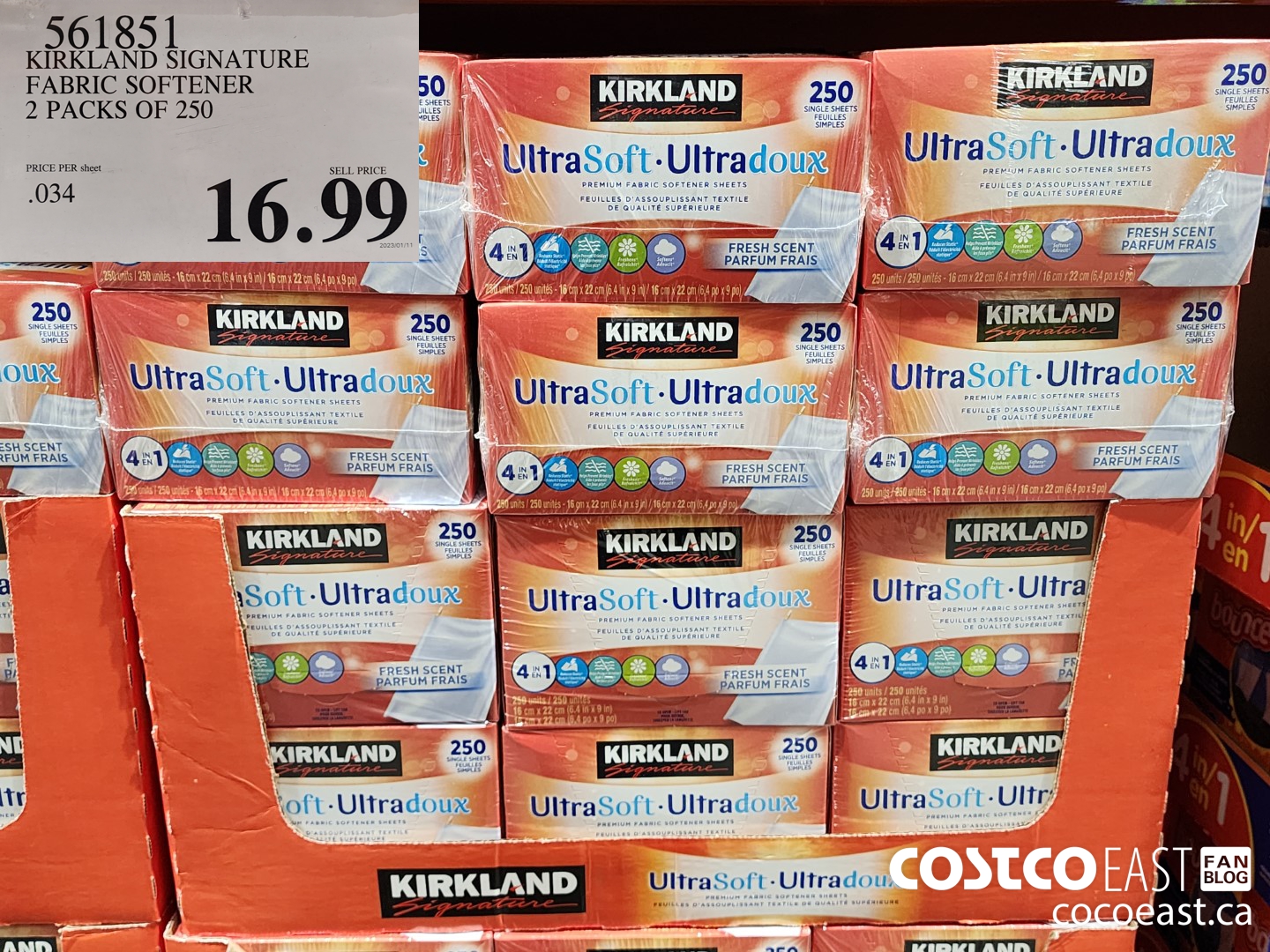 561851 KIRKLAND SIGNATURE FABRIC SOFTENER 2 PACKS OF 250 $16.99