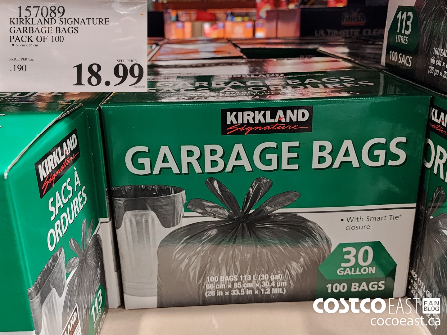 295579 KIRKLAND SIGNATURE LARGE GARBAGE BAGS PACK OF 100 14 49 - Costco  East Fan Blog