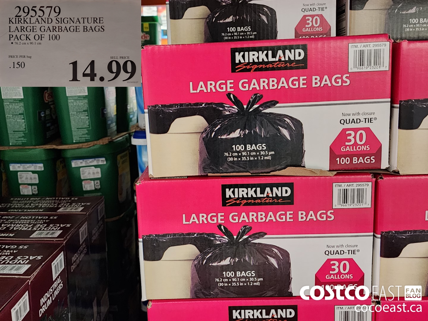 295579 KIRKLAND SIGNATURE LARGE GARBAGE BAGS PACK OF 100 14 49 - Costco  East Fan Blog