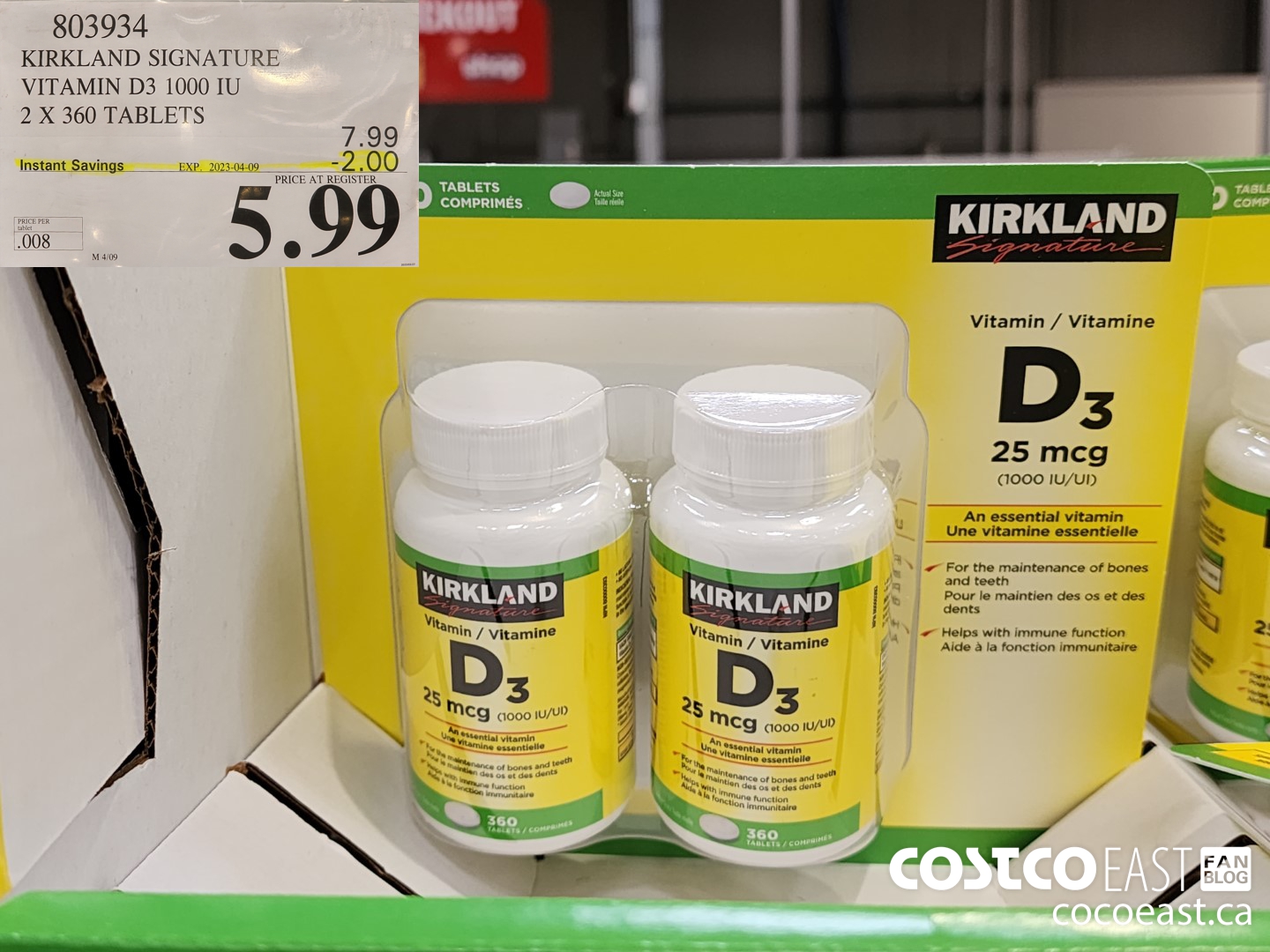 803934 KIRKLAND SIGNATURE VITAMIN D3 1000 IU 2 X 360 TABLETS ($2.00 INSTANT SAVINGS EXPIRES ON 2023-04-09) $5.99