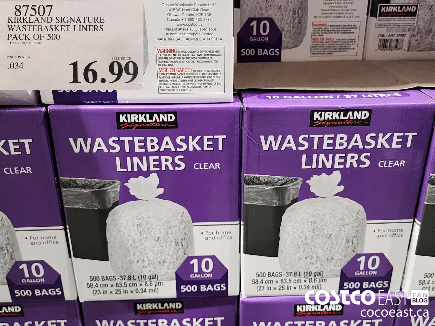 Kirkland Signature 10 Gallon Clear Wastebasket Liner, 2 Pack (500 Bags)