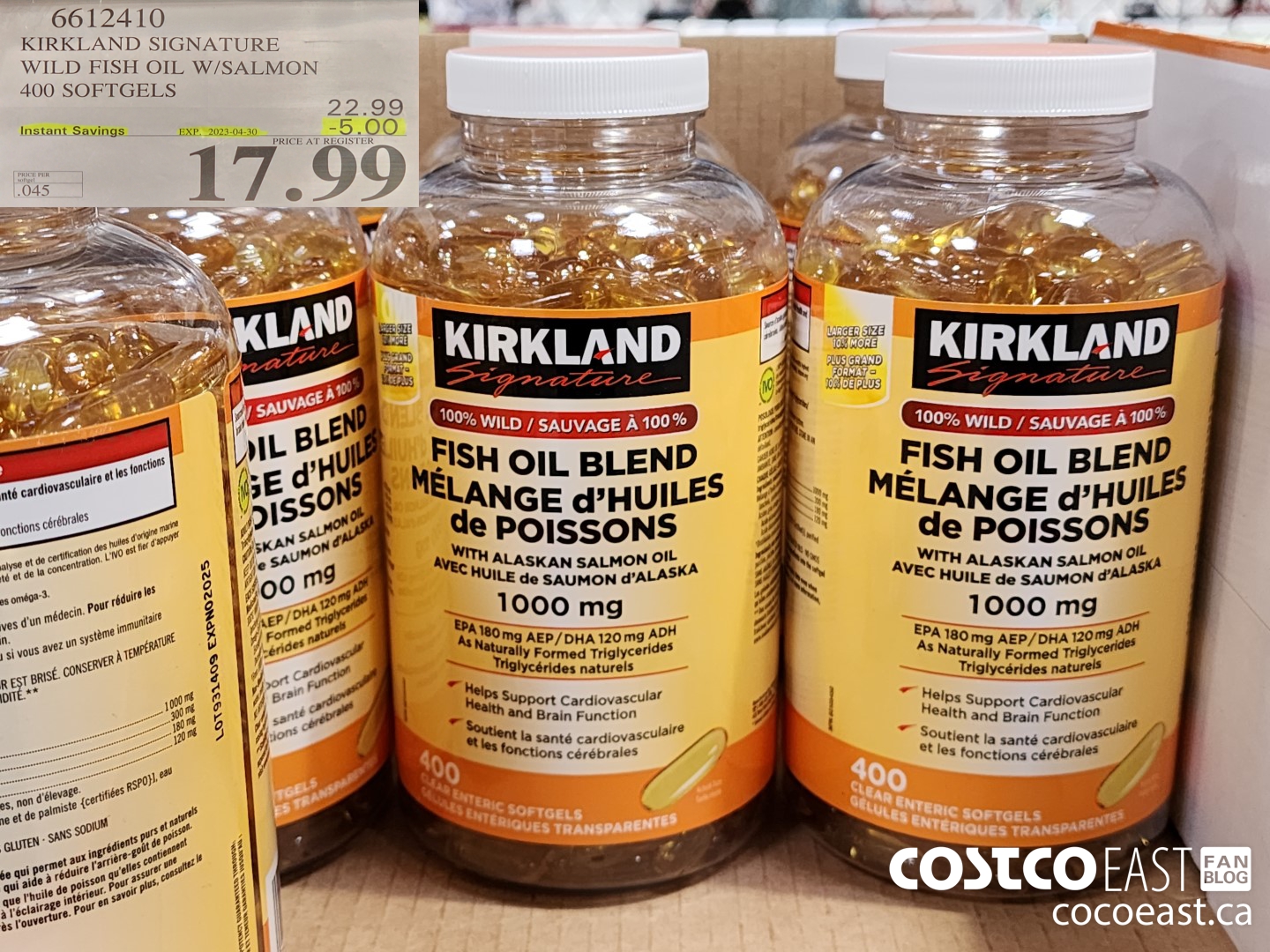 6612410 KIRKLAND SIGNATURE WILD FISH OIL W/SALMON - 400 SOFTGELS ($5.00 INSTANT SAVINGS EXPIRES ON 2023-04-30) $17.99