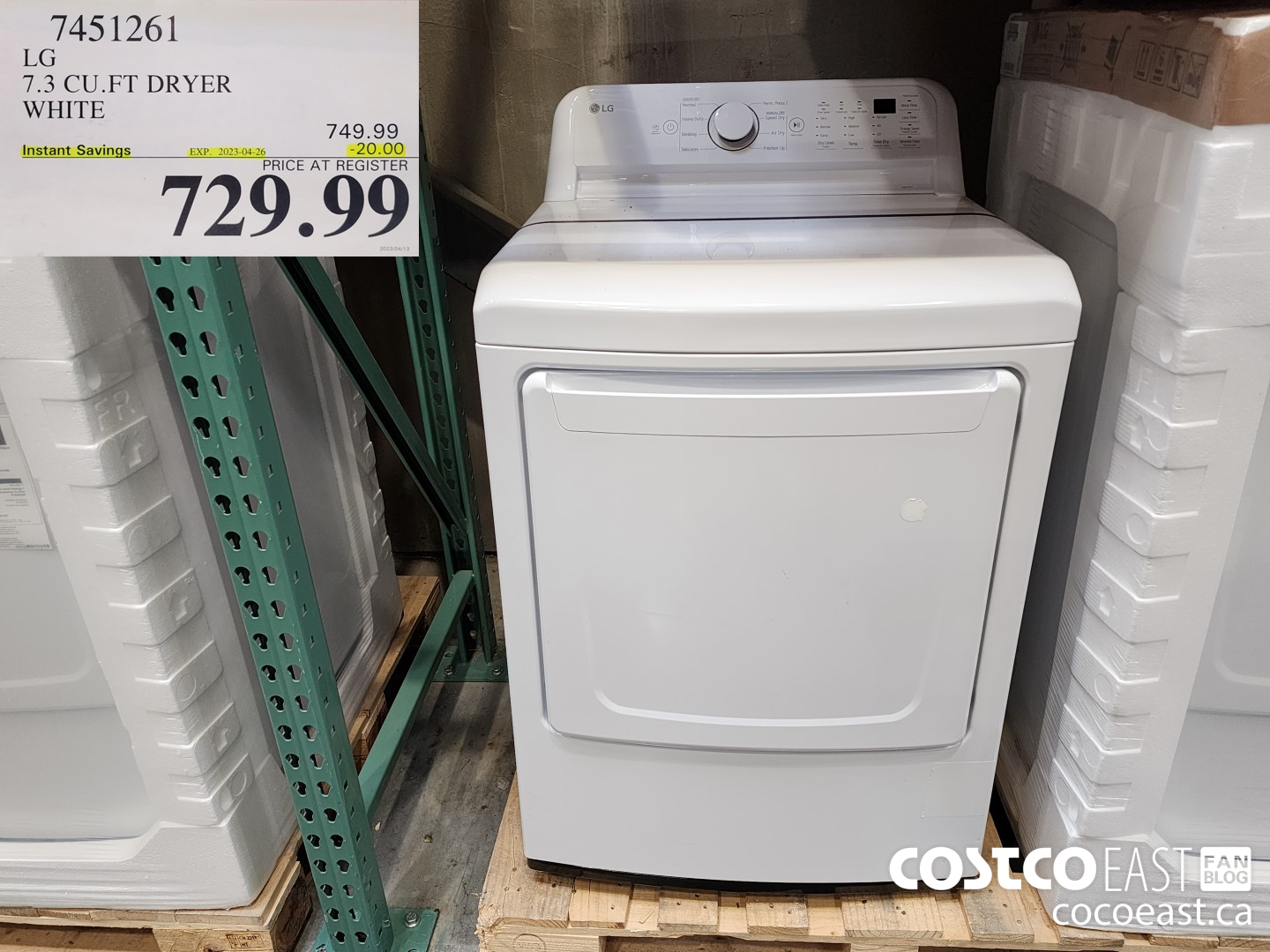 7451261 LG 7.3 CU.FT DRYER WHITE ($20.00 INSTANT SAVINGS EXPIRES ON 2023-04-26) $729.99