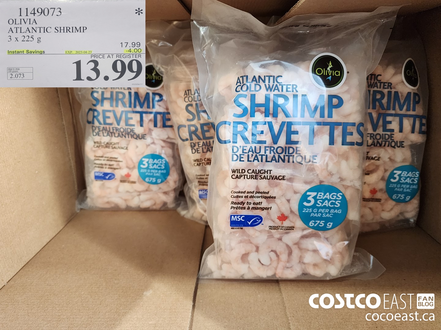1149073 OLIVIA ATLANTIC SHRIMP 3 x 225 G ($4.00 INSTANT SAVINGS EXPIRES ON 2023-04-23) $13.99