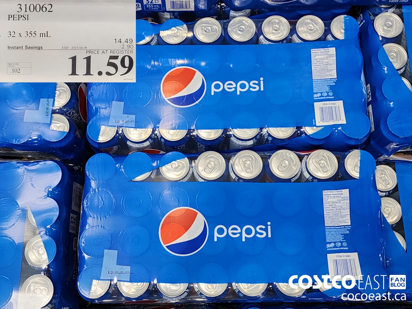 310062 PEPSI 32 X 355 ML ($2.90 INSTANT SAVINGS EXPIRES ON 2023-04-09) $11.59