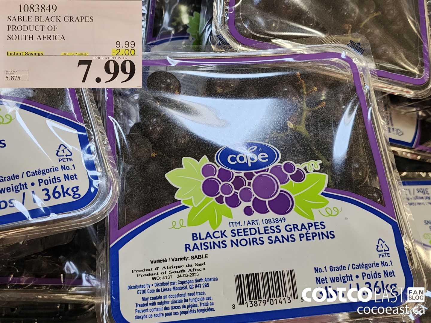 1083849 SABLE BLACK GRAPES PRODUCT OF SOUTH AFRICA ($2.00 INSTANT SAVINGS EXPIRES ON 2023-04-16) $7.99