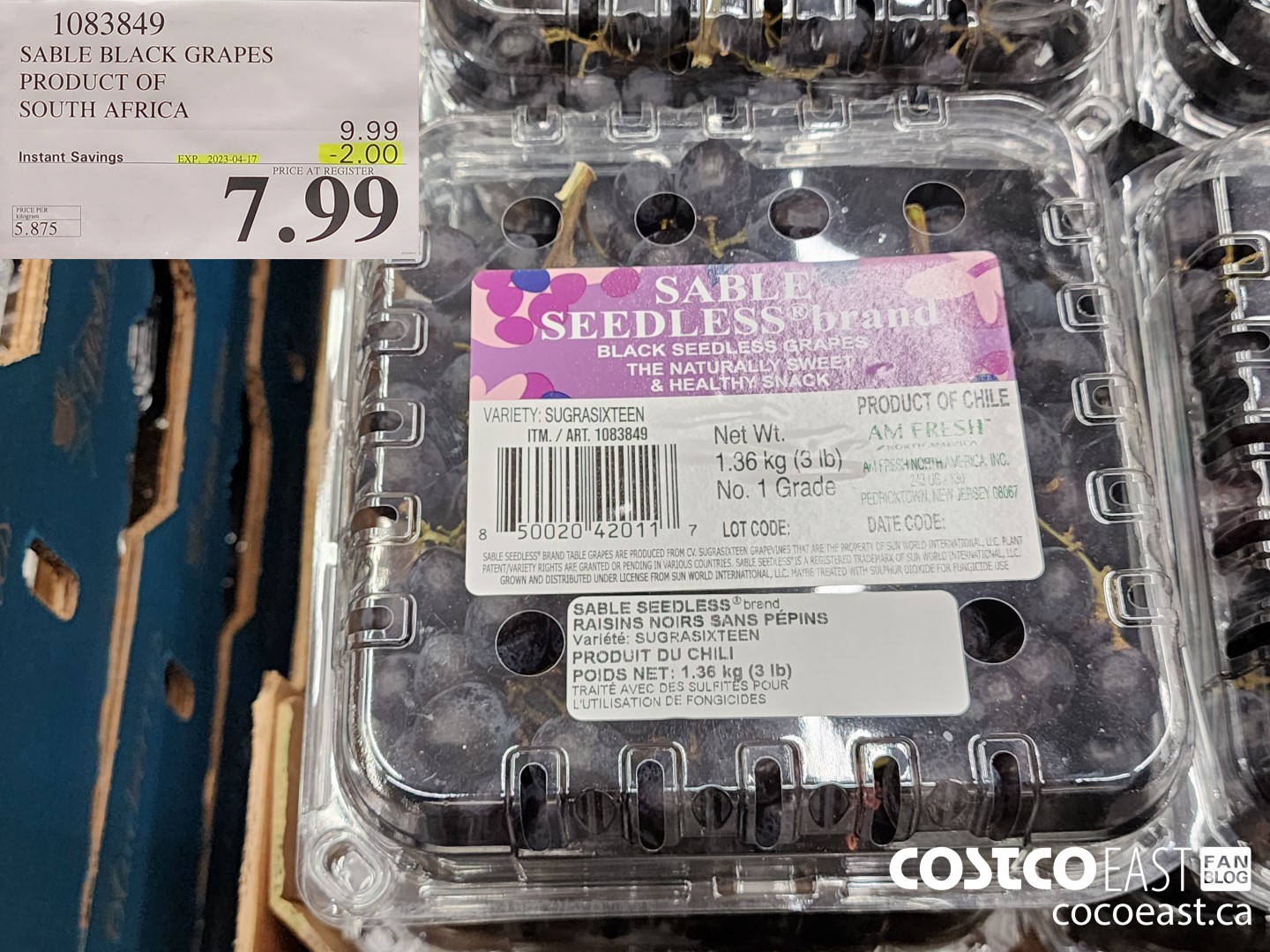 1083849 SABLE BLACK GRAPES PRODUCT OF SOUTH AFRICA ($2.00 INSTANT SAVINGS EXPIRES ON 2023-04-17) $7.99