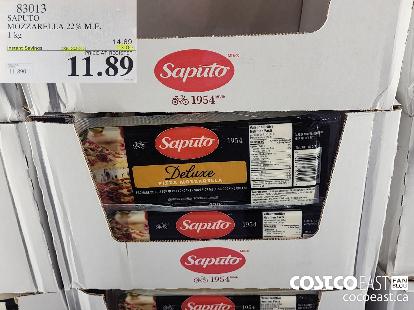83013 SAPUTO MOZZARELLA 22% M.F. 1 kg ($3.00 INSTANT SAVINGS EXPIRES ON 2023-04-16) $11.89