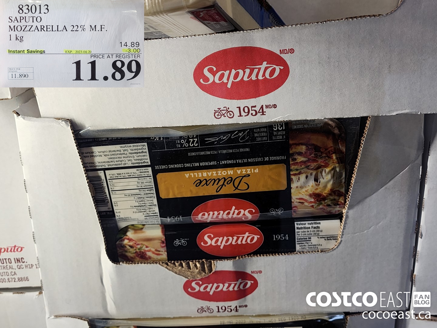 83013 SAPUTO MOZZARELLA 22% M.F. 1 kg ($3.00 INSTANT SAVINGS EXPIRES ON 2023-04-20) $11.89