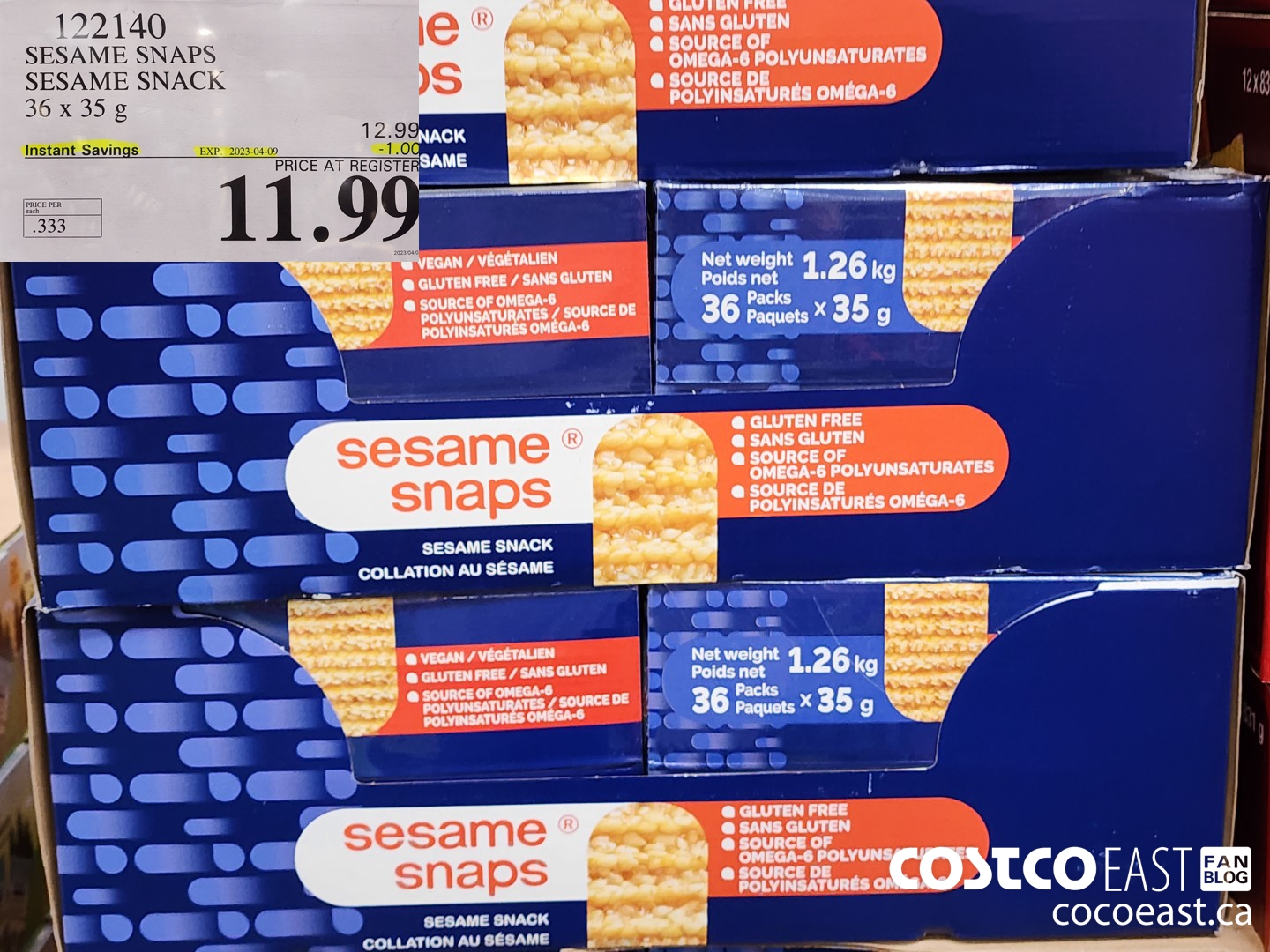 122140 SESAME SNAPS SESAME SNACK 36 x 35 g ($1.00 INSTANT SAVINGS EXPIRES ON 2023-04-09) $11.99