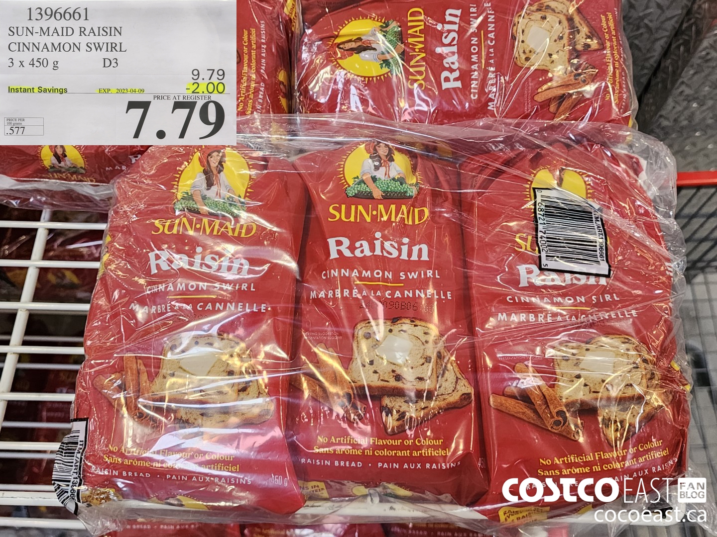 1396661 SUN-MAID RAISIN CINNAMON SWIRL 3 x 450 g ($2.00 INSTANT SAVINGS EXPIRES ON 2023-04-09) $7.79