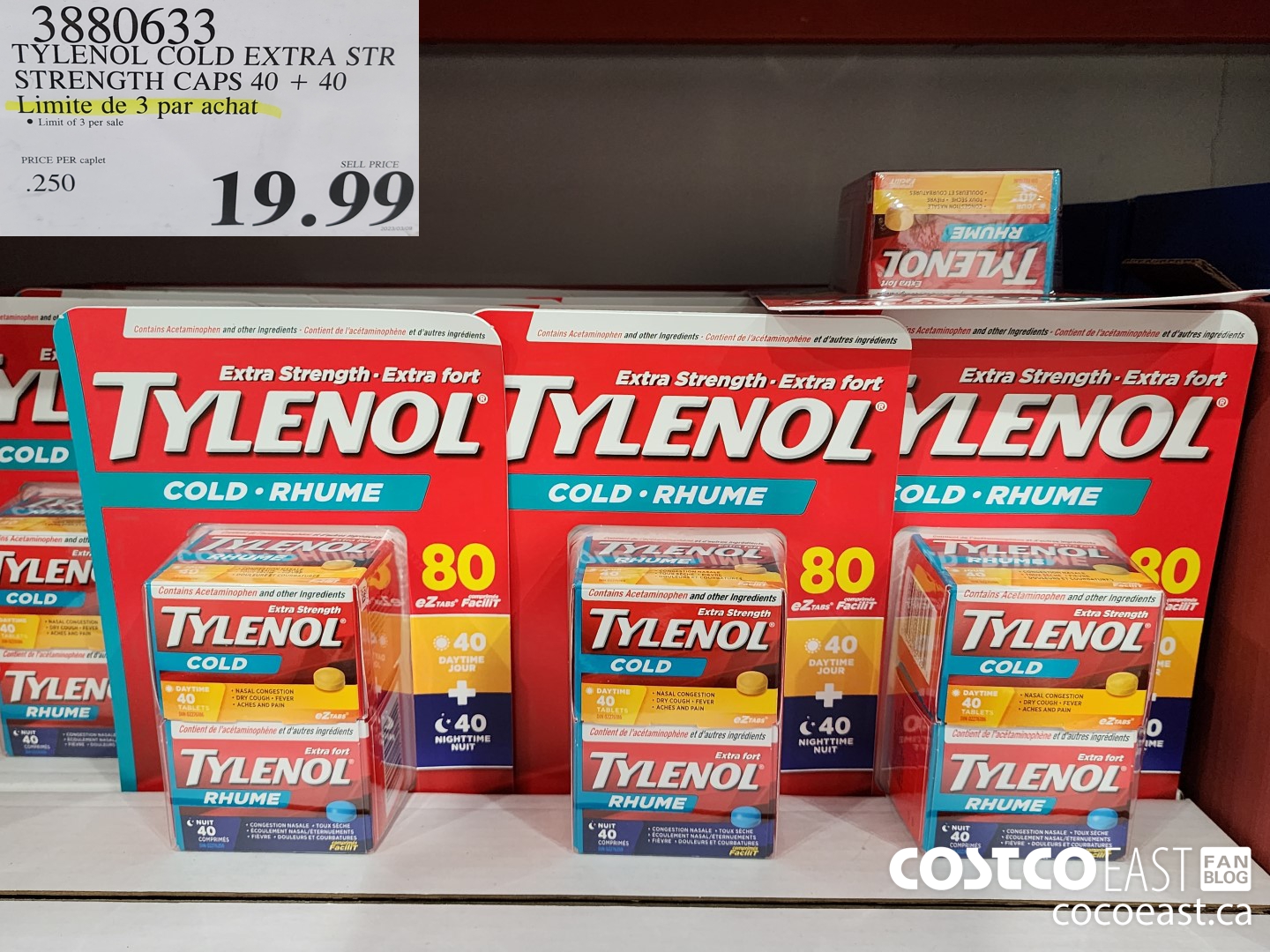 3880633 TYLENOL COLD EXTRA STRENGTH CAPLETS 40 + 40 LIMIT OF 3 PER SALE $19.99
