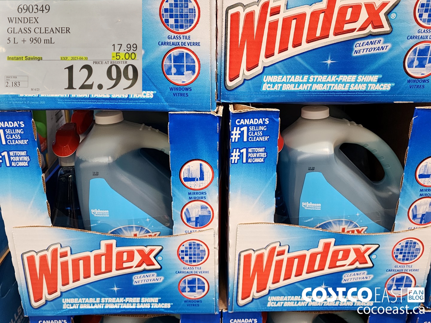 690349 WINDEX GLASS CLEANER 5 L + 950 ML ($5.00 INSTANT SAVINGS EXPIRES ON 2023-04-30) $12.99