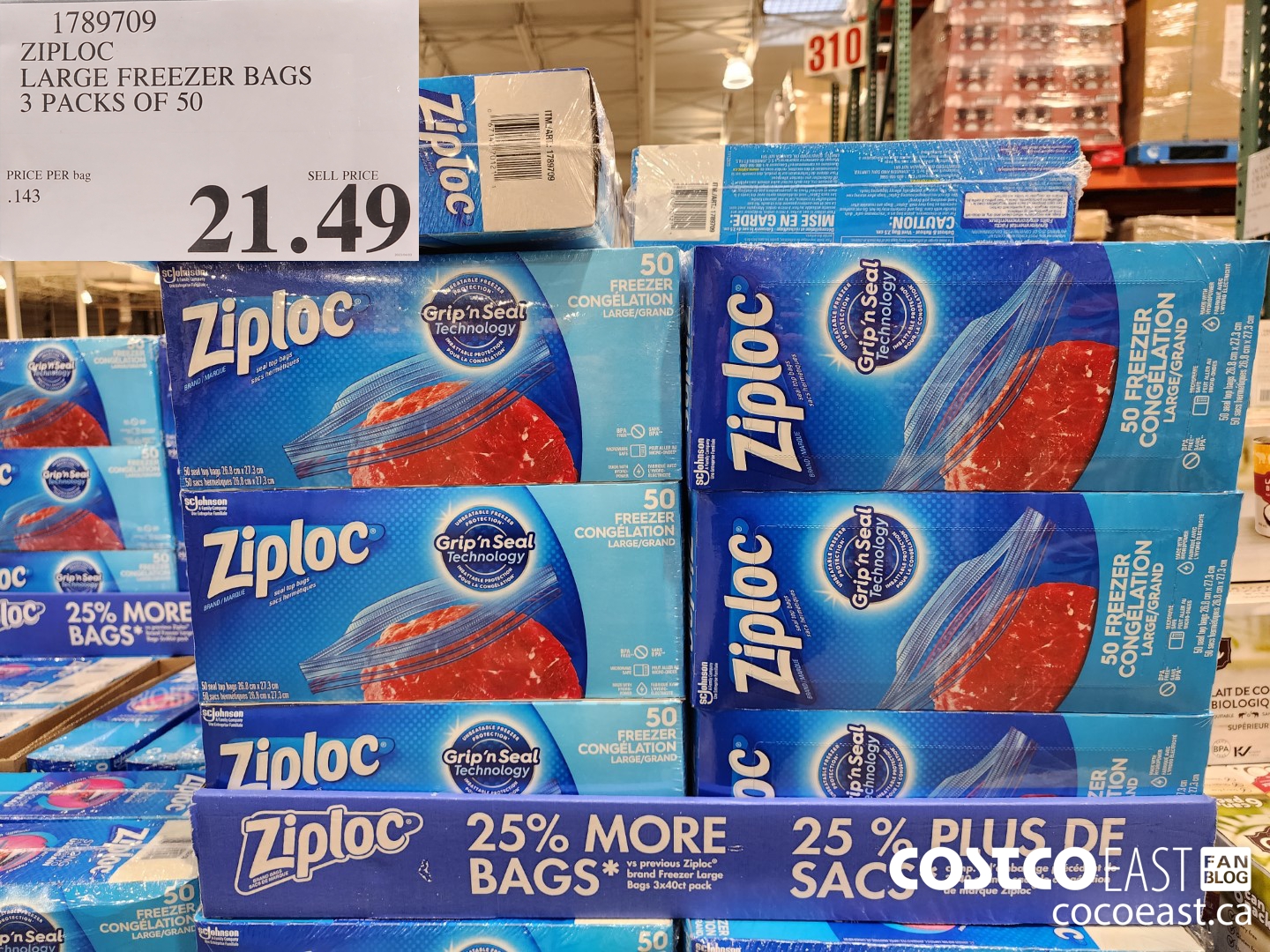 1789709 ZIPLOC LARGE FREEZER BAGS 3 PACKS OF BAGS 50 $21.49