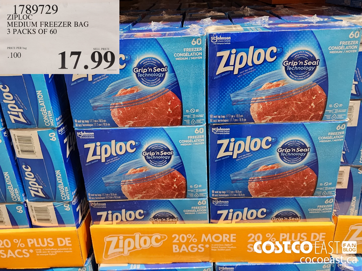 1789729 ZIPLOC MEDIUM FREEZER BAG 3 PACKS OF 60 $17.99