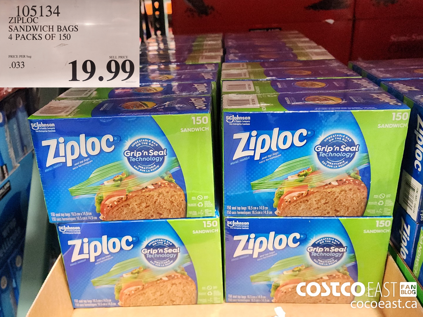 105134 ZIPLOC SANDWICH BAGS 4 PACKS OF 150 $19.99