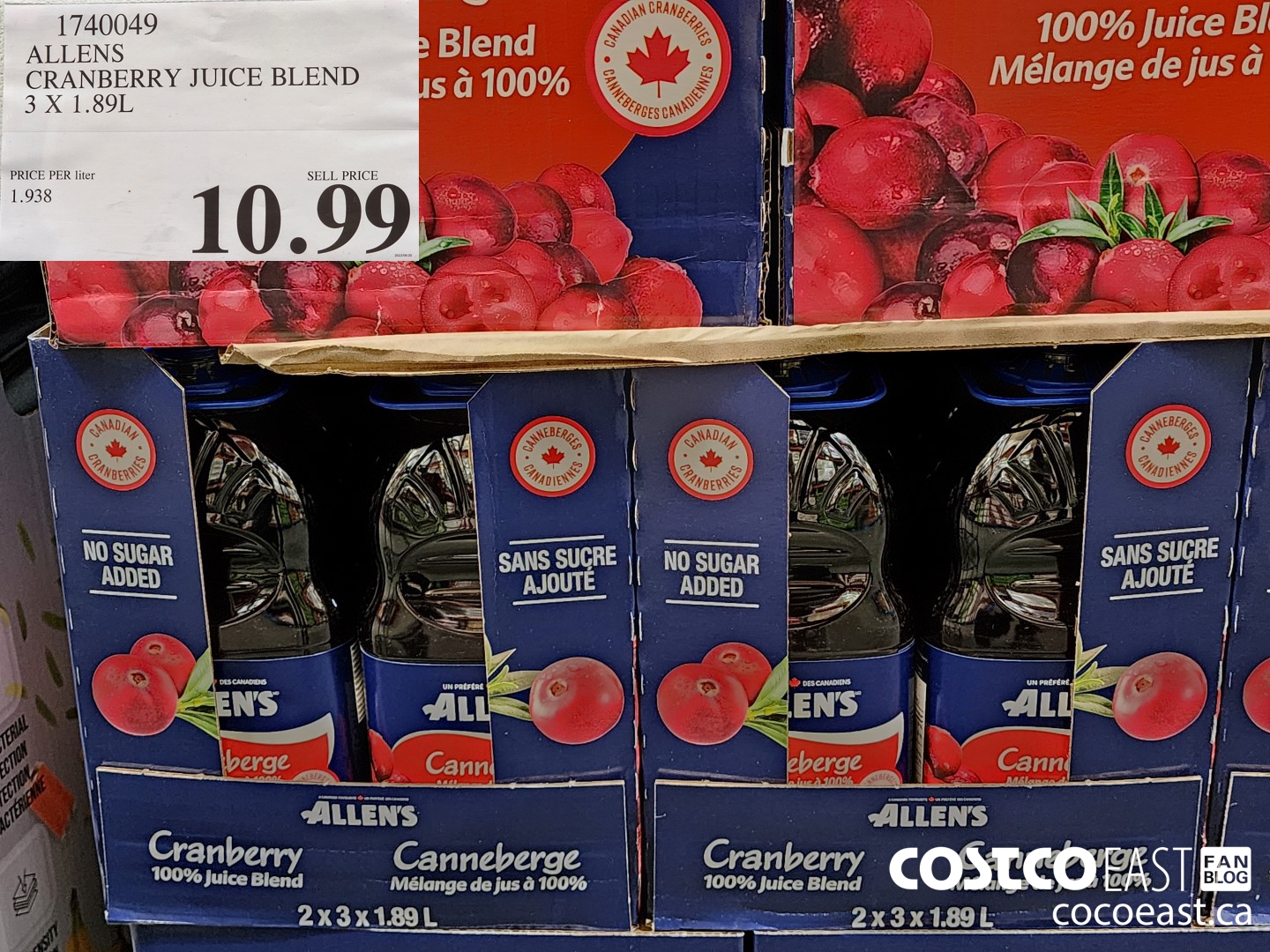 1740049 ALLENS CRANBERRY JUICE BLEND 3 X 1.89L $10.99