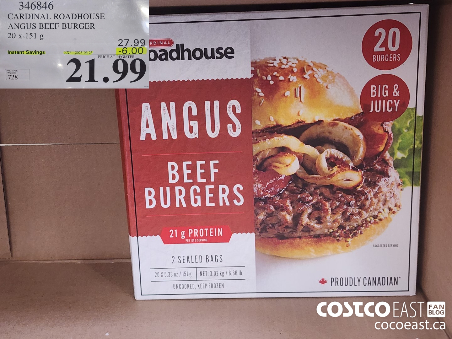 346846 CARDINAL ROADHOUSE ANGUS BEEF BURGER 20 X 151 G ($6.00 INSTANT SAVINGS EXPIRES ON 2023-06-25) $21.99