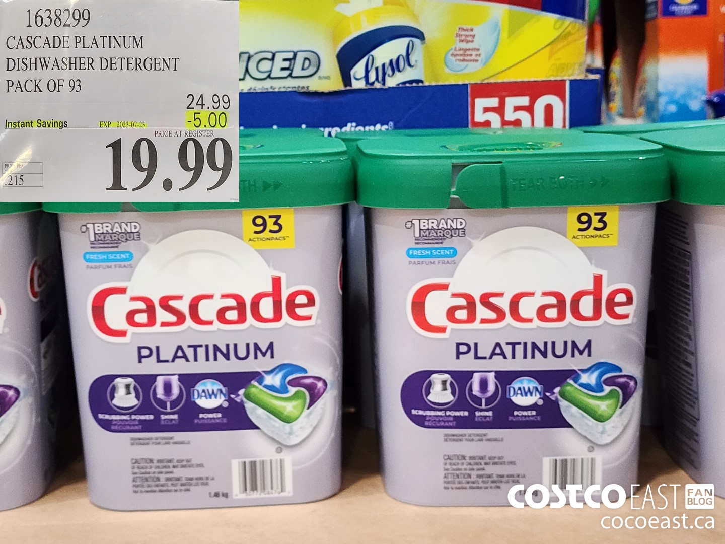 1638299 CASCADE PLATINUM DISHWASHER DETERGENT PACK OF 93 ($5.00 INSTANT SAVINGS EXPIRES ON 2023-07-23) $19.99