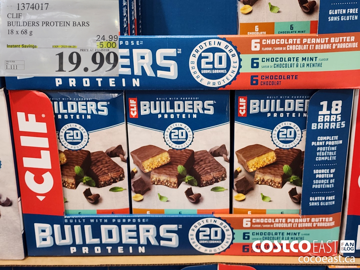 1374017 CLIF BUILDERS PROTEIN BARS 18 X 68 G ($5.00 INSTANT SAVINGS EXPIRES ON 2023-06-25) $19.99