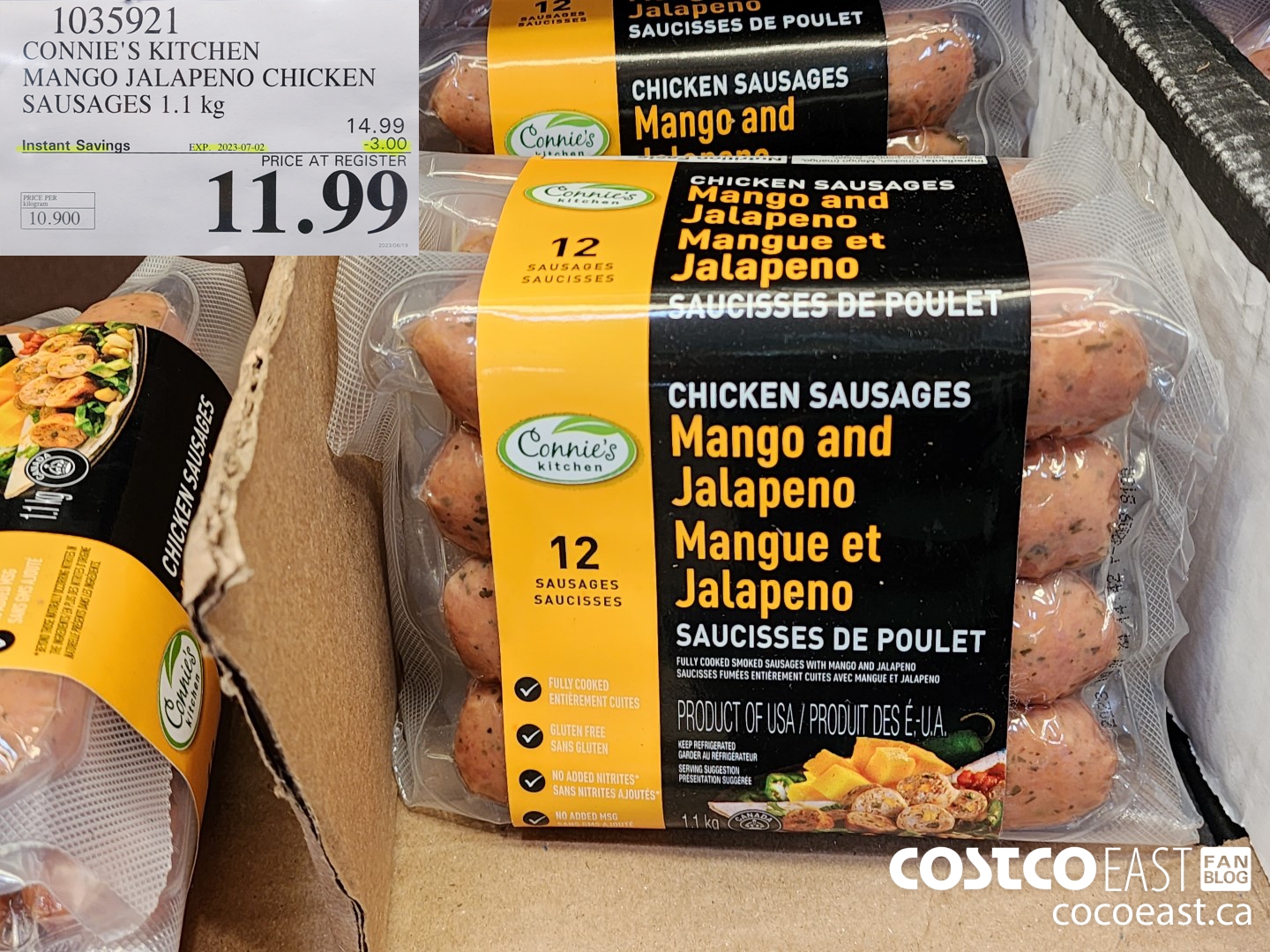 1035921 CONNIE'S KITCHEN MANGO JALAPENO CHICKEN SAUSAGES 1.1 KG ($3.00 INSTANT SAVINGS EXPIRES ON 2023-07-02) $11.99