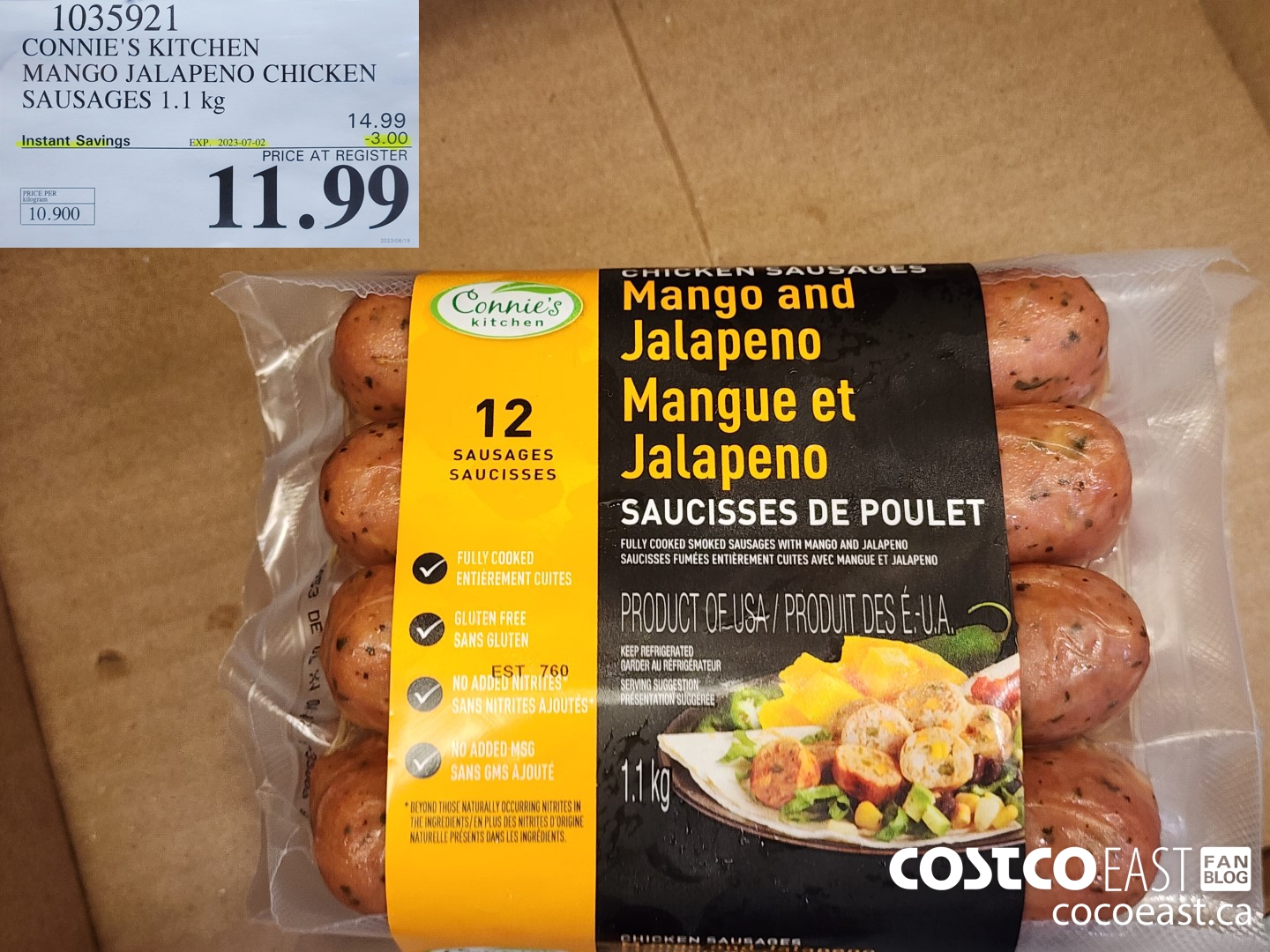 1035921 CONNIE'S KITCHEN MANGO JALAPENO CHICKEN SAUSAGES 1.1 KG ($3.00 INSTANT SAVINGS EXPIRES ON 2023-07-02) $11.99