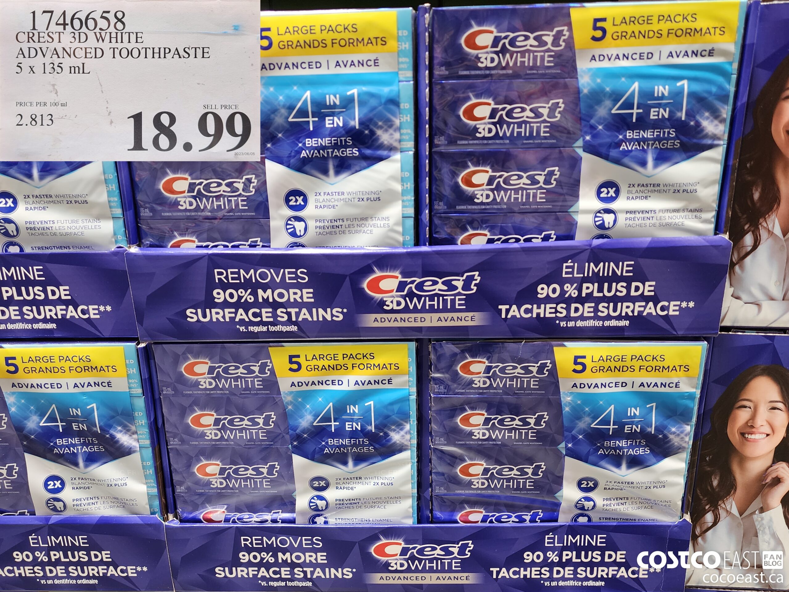 1746658 CREST 3D WHITE ADVANCED TOOTHPASTE 5 x 135 mL $18.99