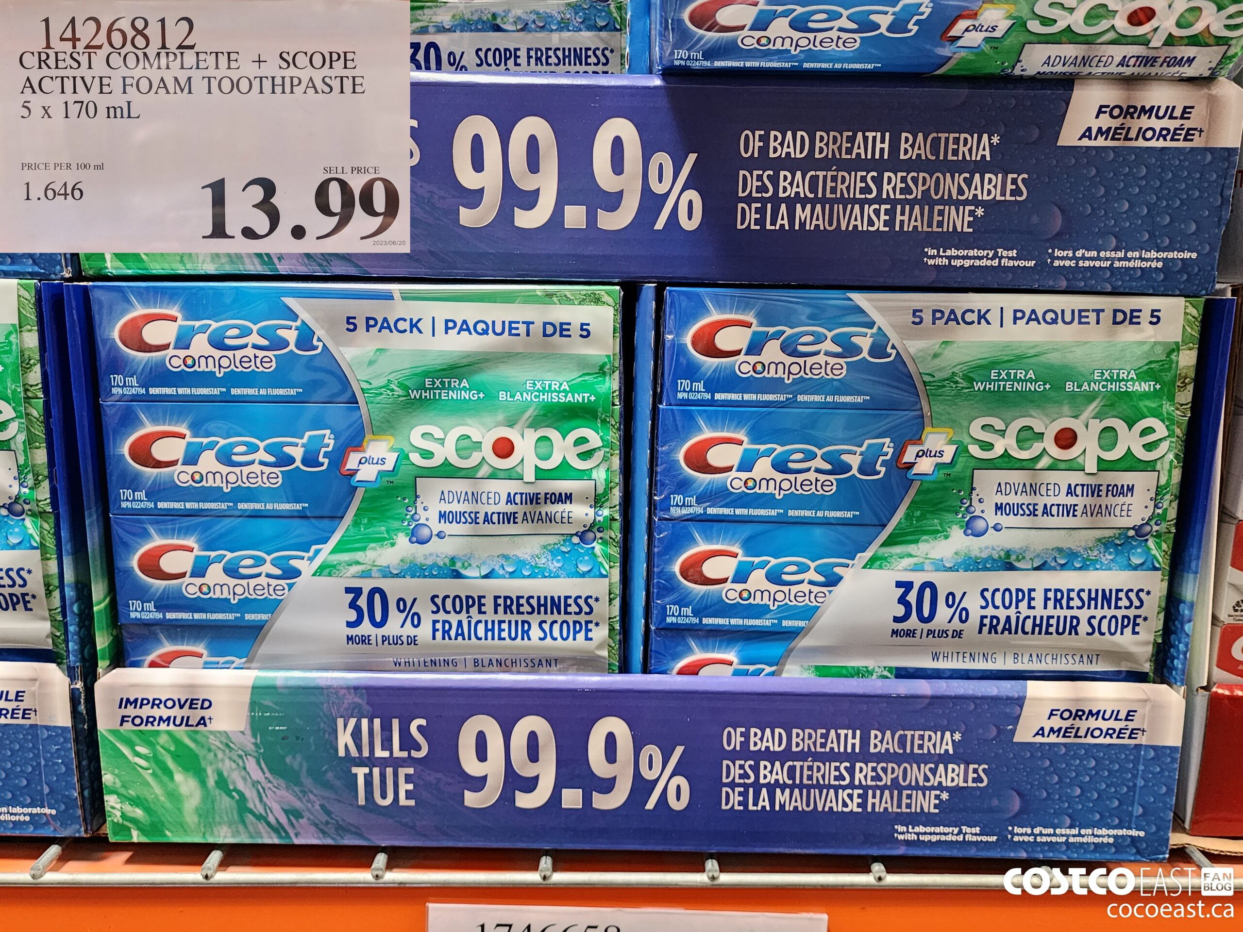 1426812 CREST COMPLETE + SCOPE ACTIVE FOAM TOOTHPASTE 5 X 170 ML $13.99