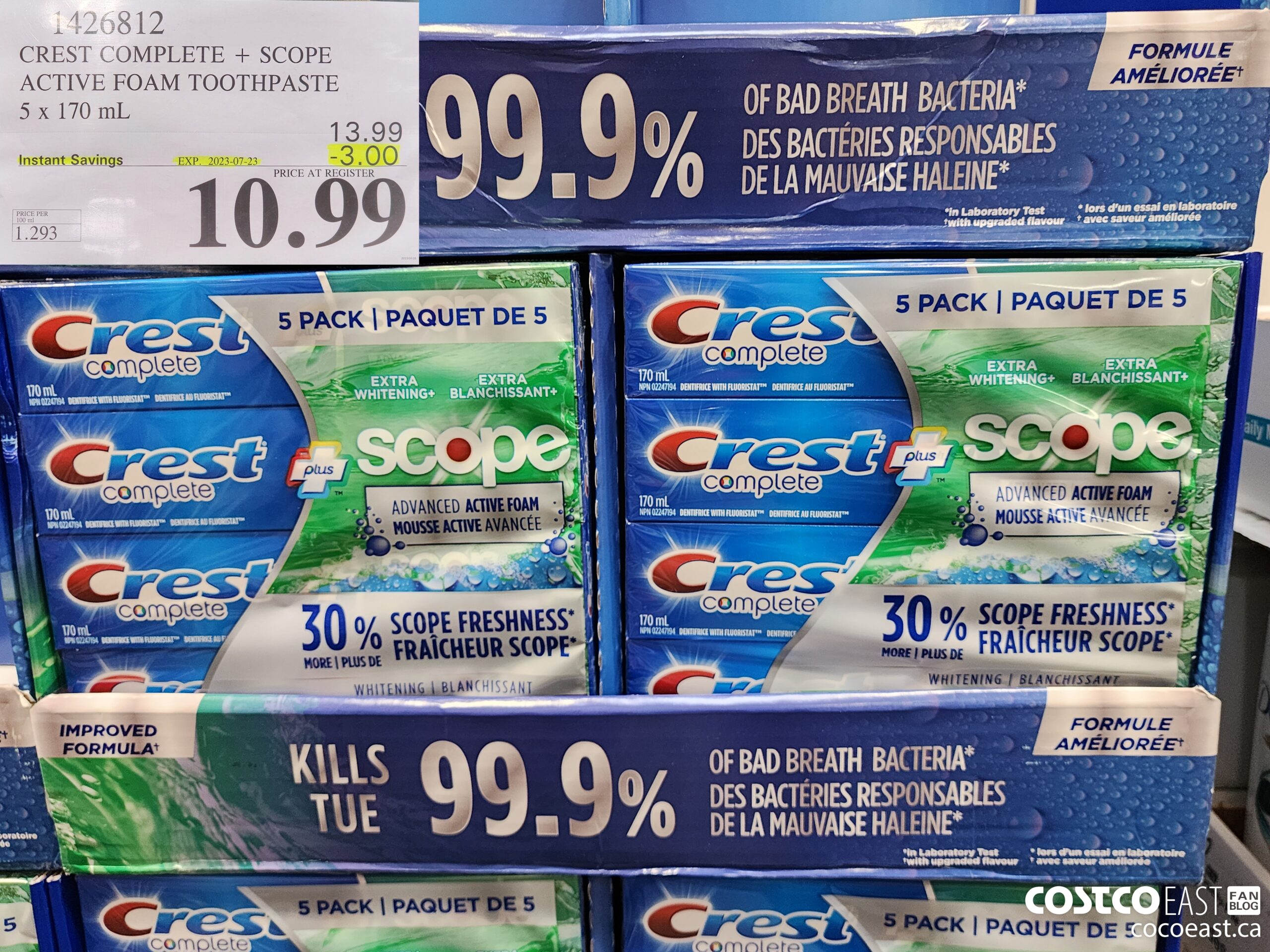 1426812 CREST COMPLETE + SCOPE ACTIVE FOAM TOOTHPASTE 5 X 170 ML ($3.00 INSTANT SAVINGS EXPIRES ON 2023-07-23) $10.99