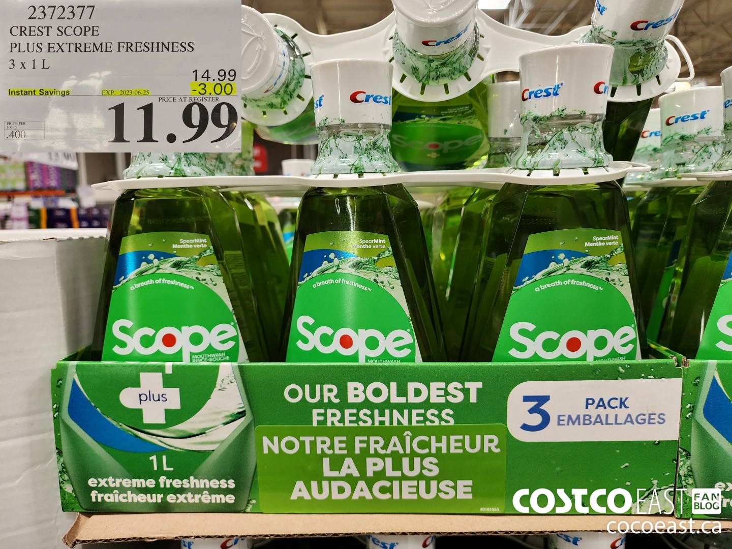 2372377 CREST SCOPE PLUS EXTREME FRESHNESS 3 X 1L ($3.00 INSTANT SAVINGS EXPIRES ON 2023-06-25) $11.99