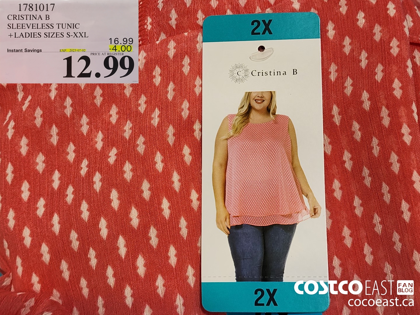 1781017 CRISTINA B SLEEVELESS TUNIC +LADIES SIZES S-XXL ($4.00 INSTANT SAVINGS EXPIRES ON 2023-07-02) $12.99