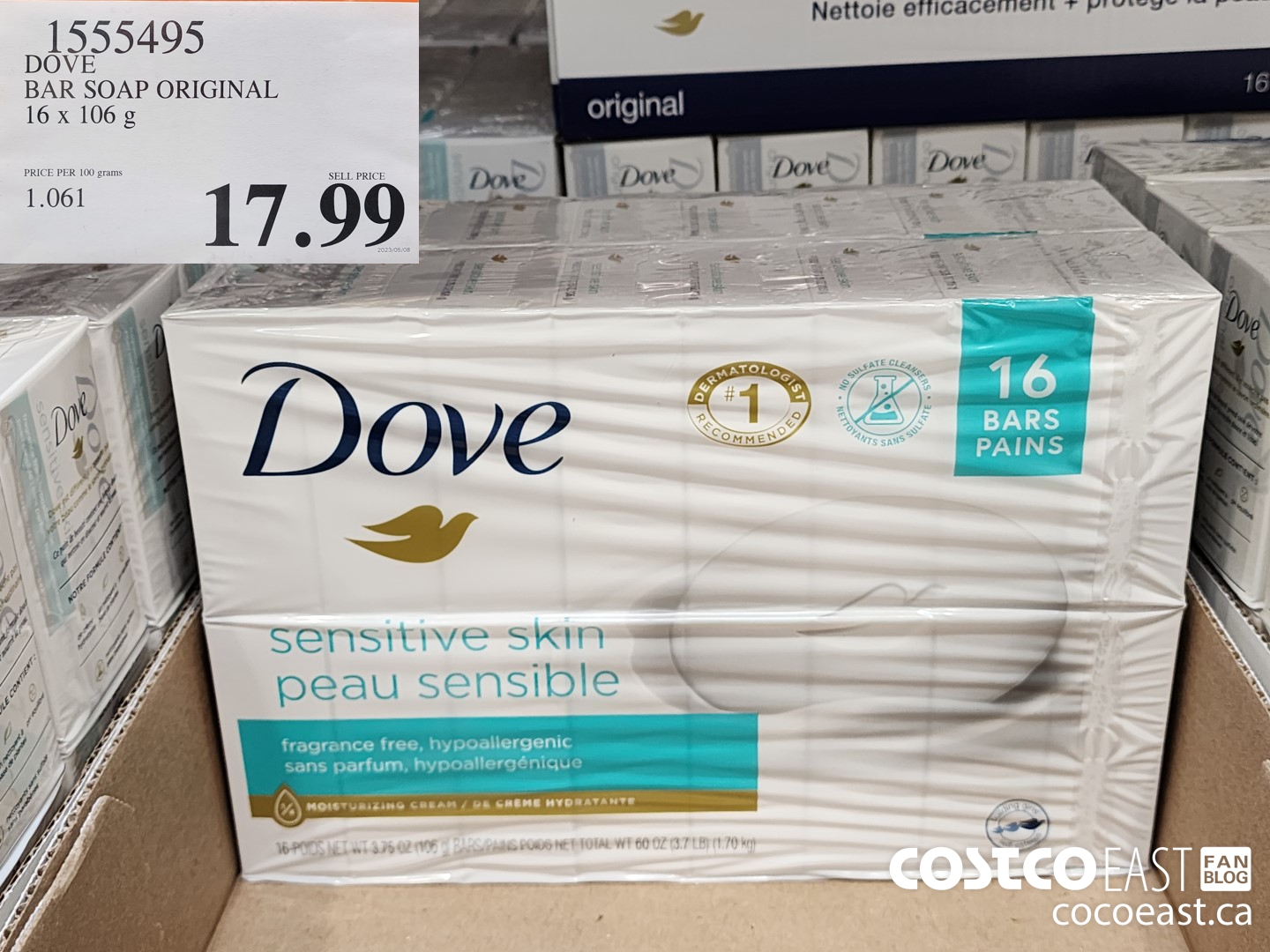 1555495 DOVE BAR SOAP ORIGINAL 16 x 106 g $17.99